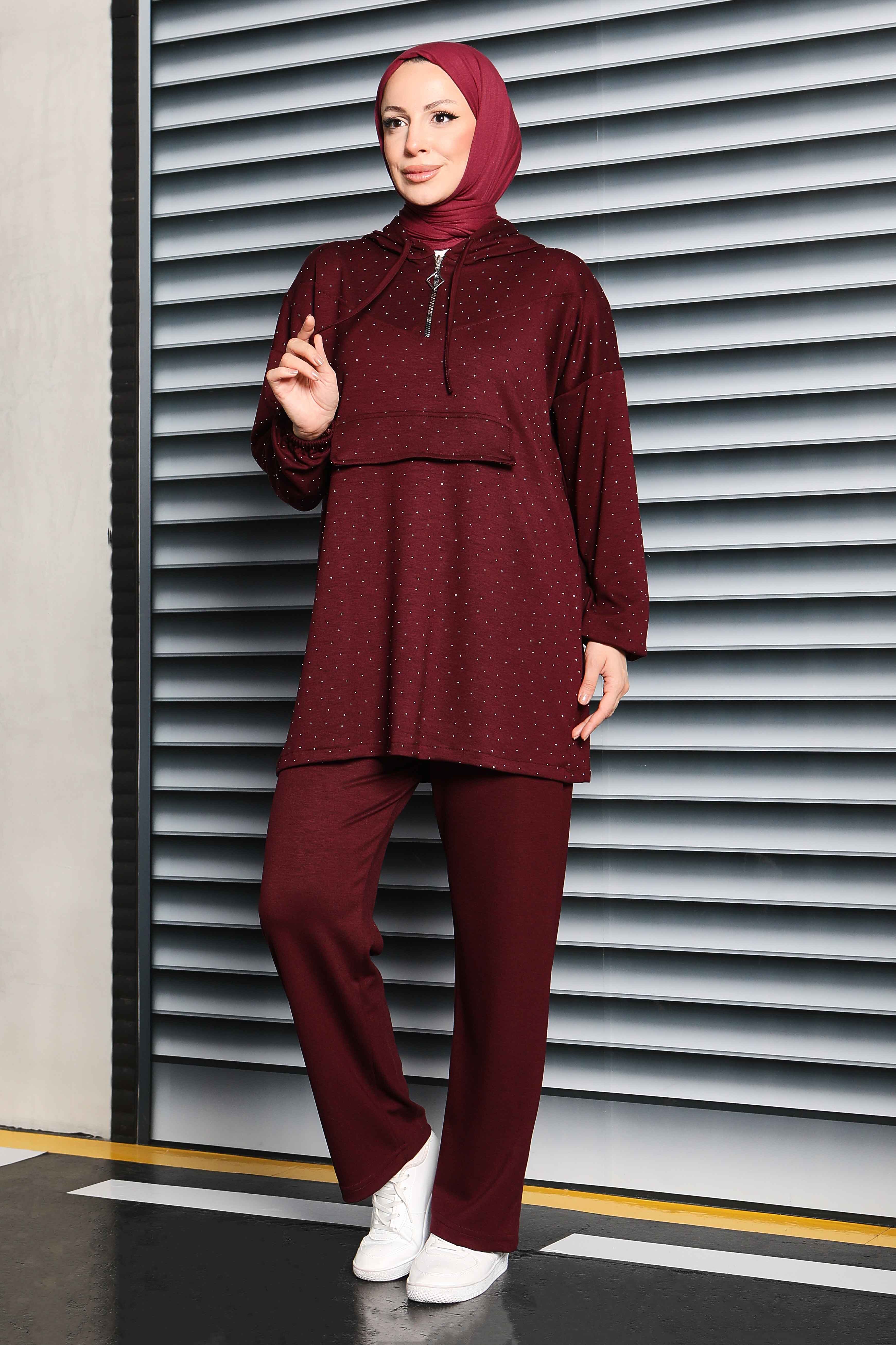 Taşlı Modal İkili Takım - 27861-BORDO - 3