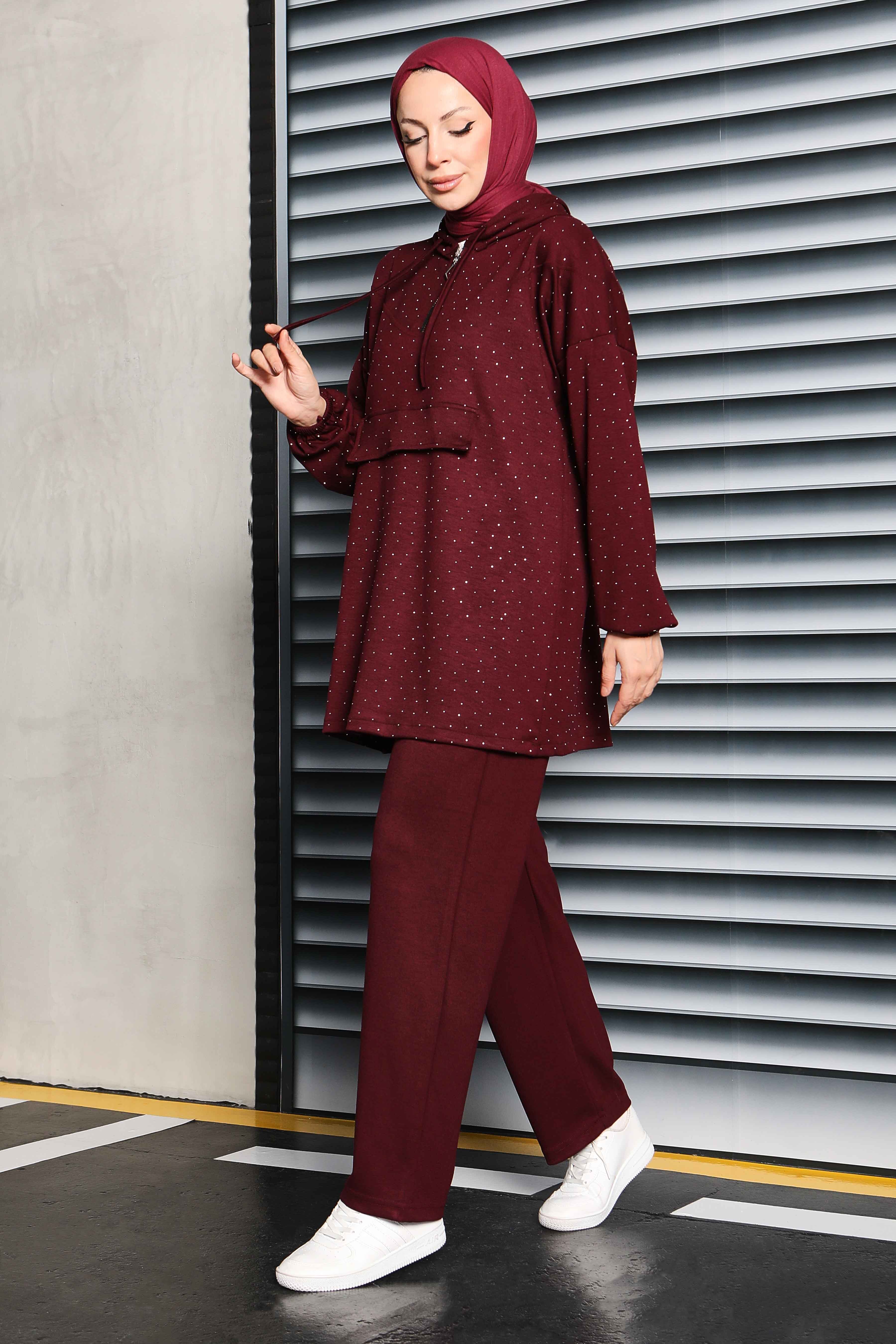 Taşlı Modal İkili Takım - 27861-BORDO - 4