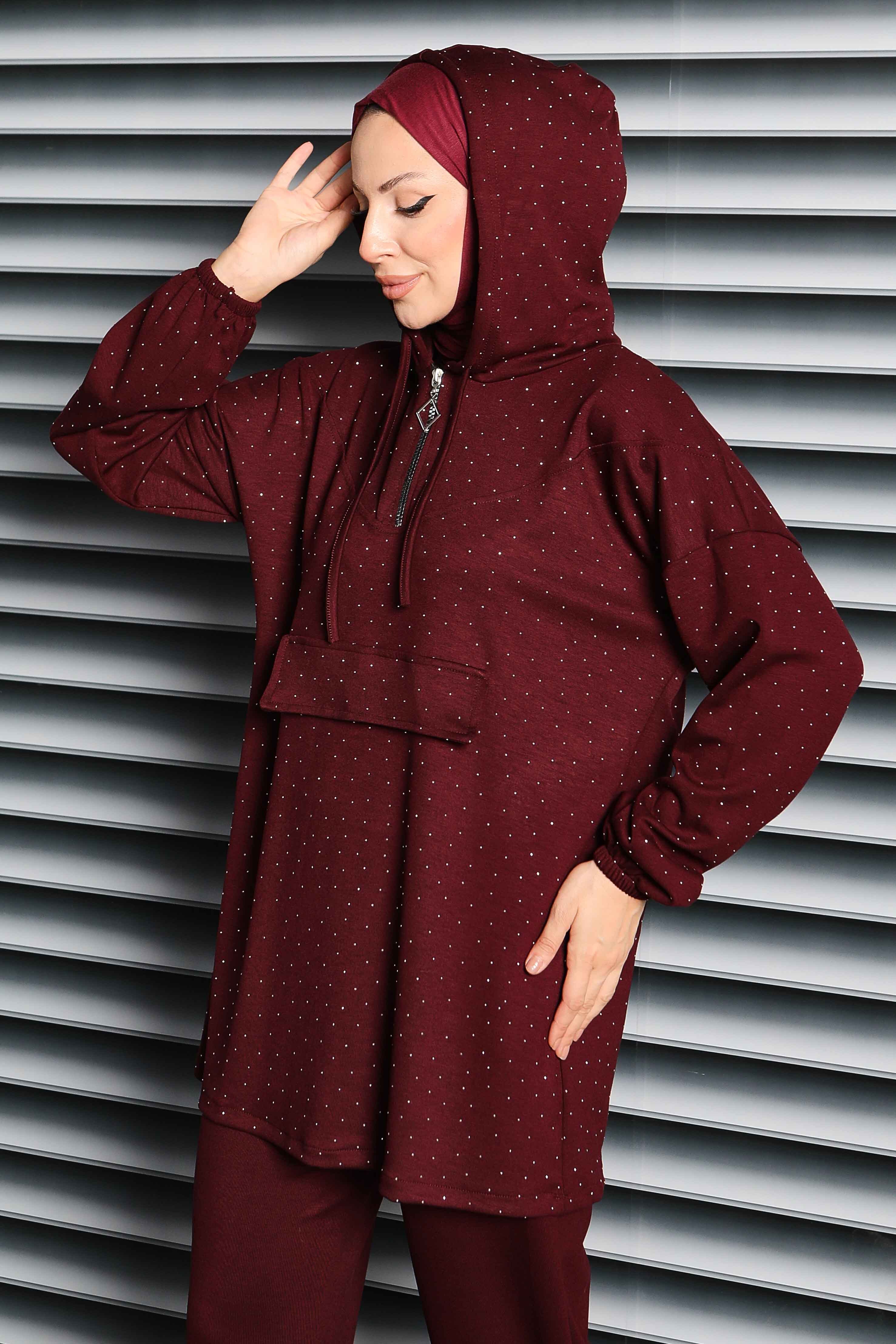 Taşlı Modal İkili Takım - 27861-BORDO - 5