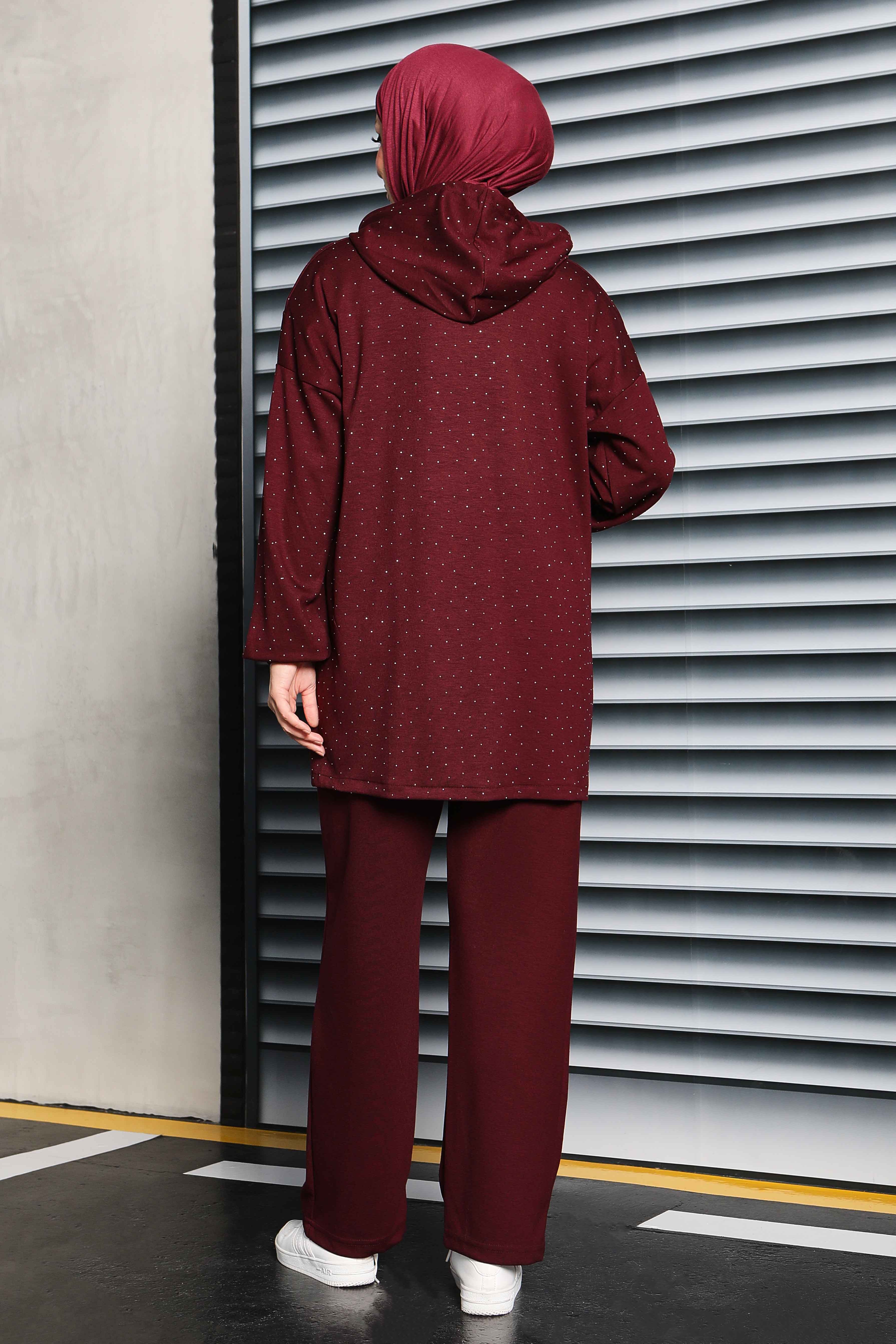 Taşlı Modal İkili Takım - 27861-BORDO - 6