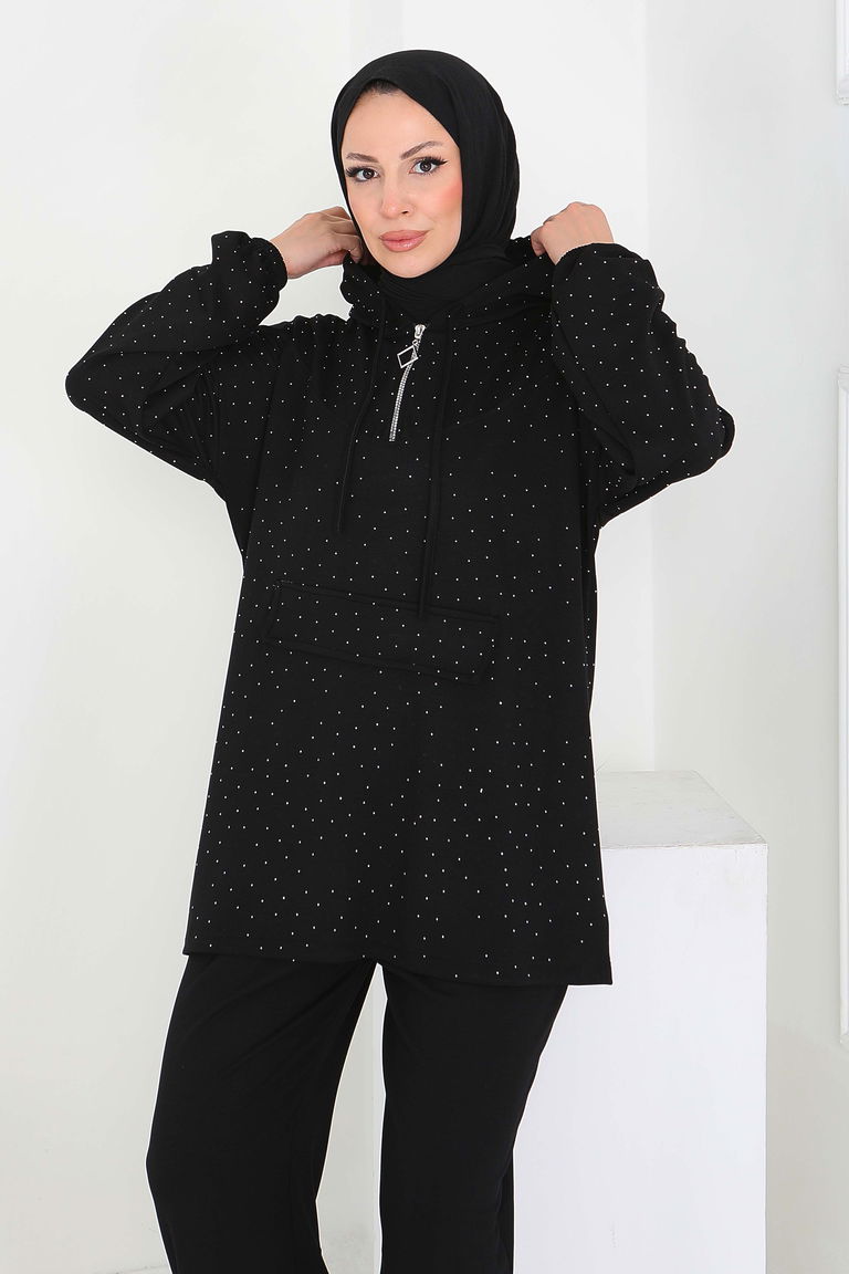 Taşlı Modal İkili Takım - 27861-SIYAH - TOFİSA