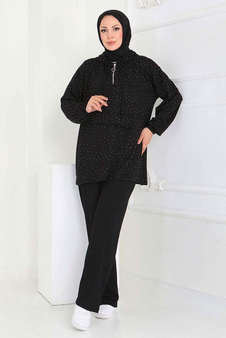 Taşlı Modal İkili Takım - 27861-SIYAH - TOFİSA