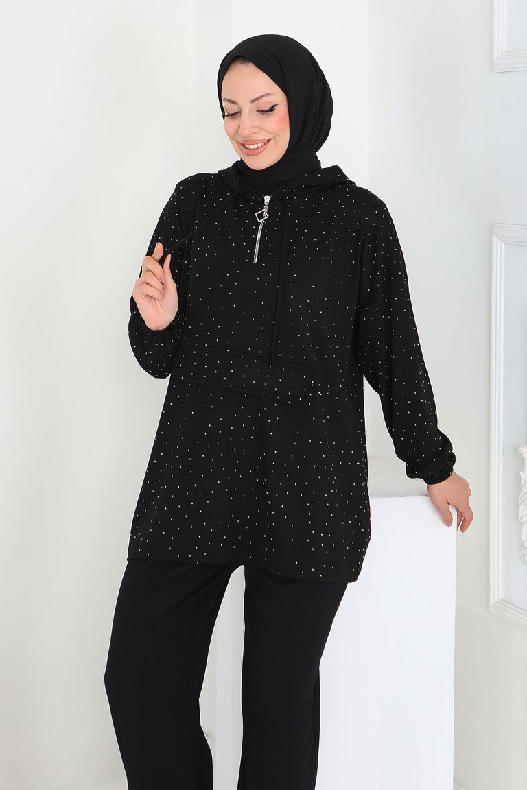 Taşlı Modal İkili Takım - 27861-SIYAH - TOFİSA