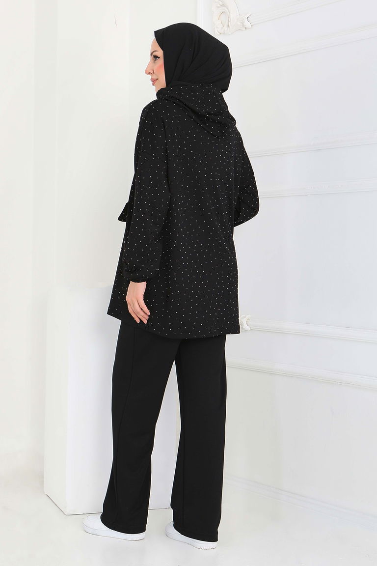 Taşlı Modal İkili Takım - 27861-SIYAH - TOFİSA