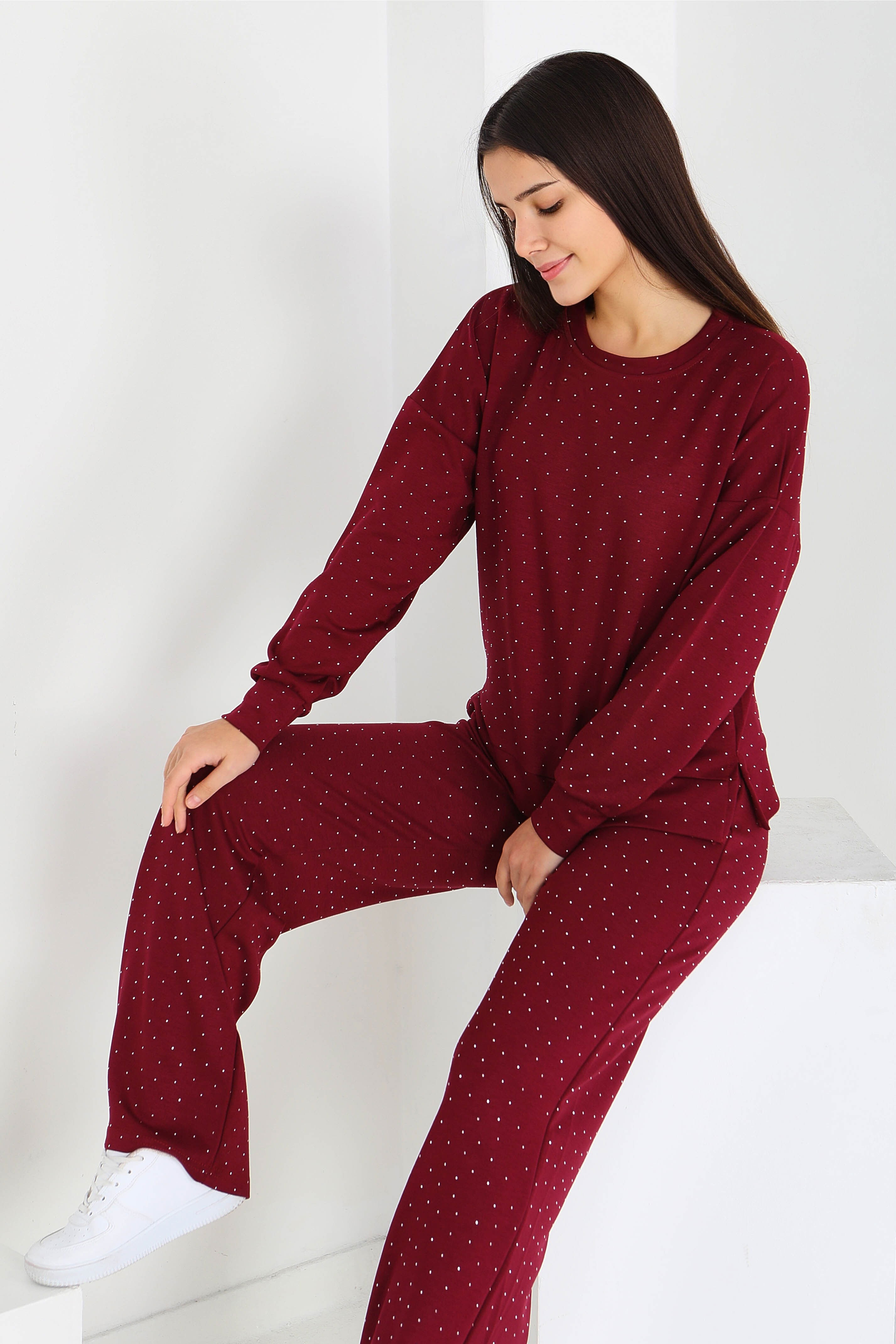 Taşlı Modal İkili Takım - 27868-BORDO - 3