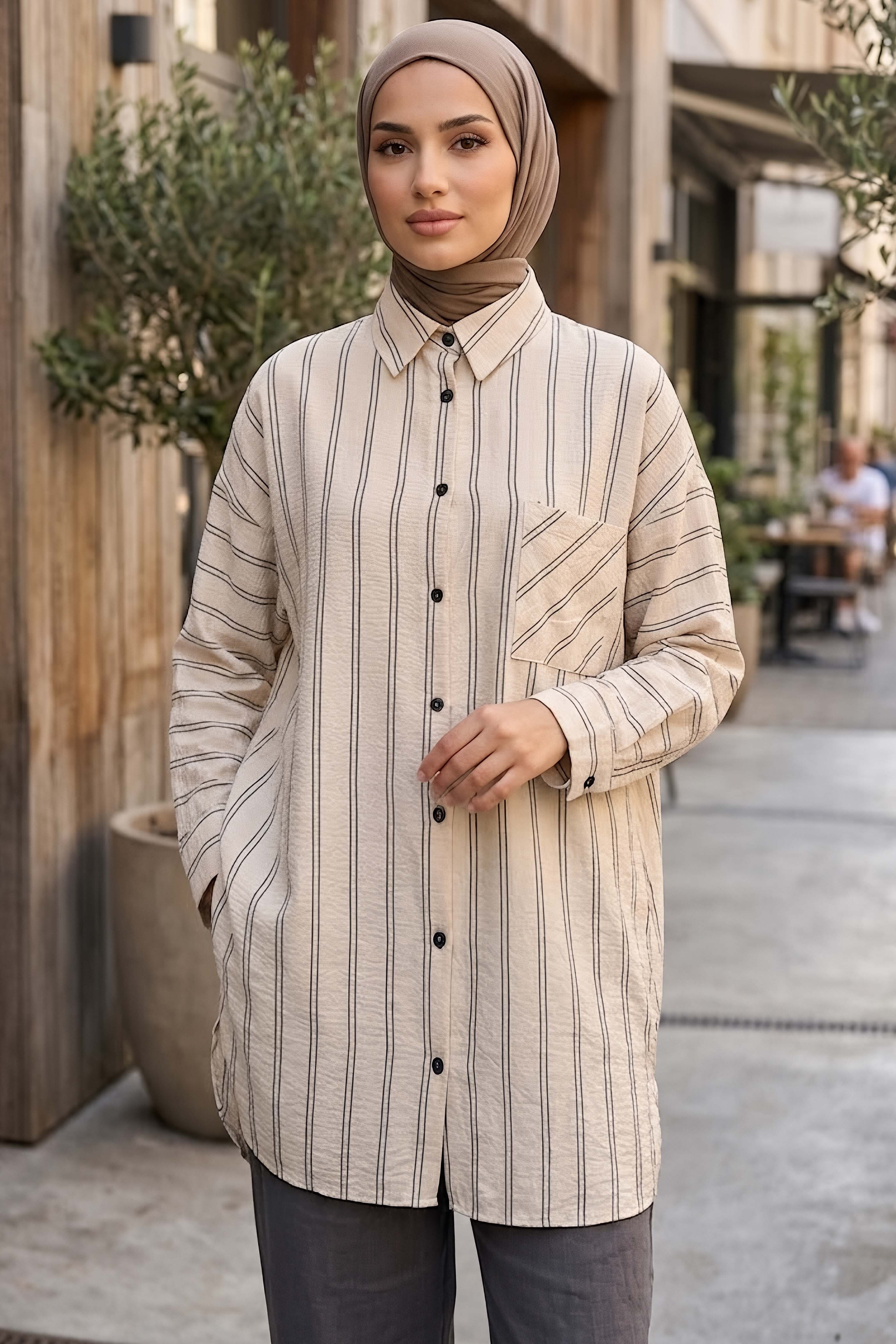Tek Cepli Çift Çizgili Tunik Bej - 28484-BEJ - 1