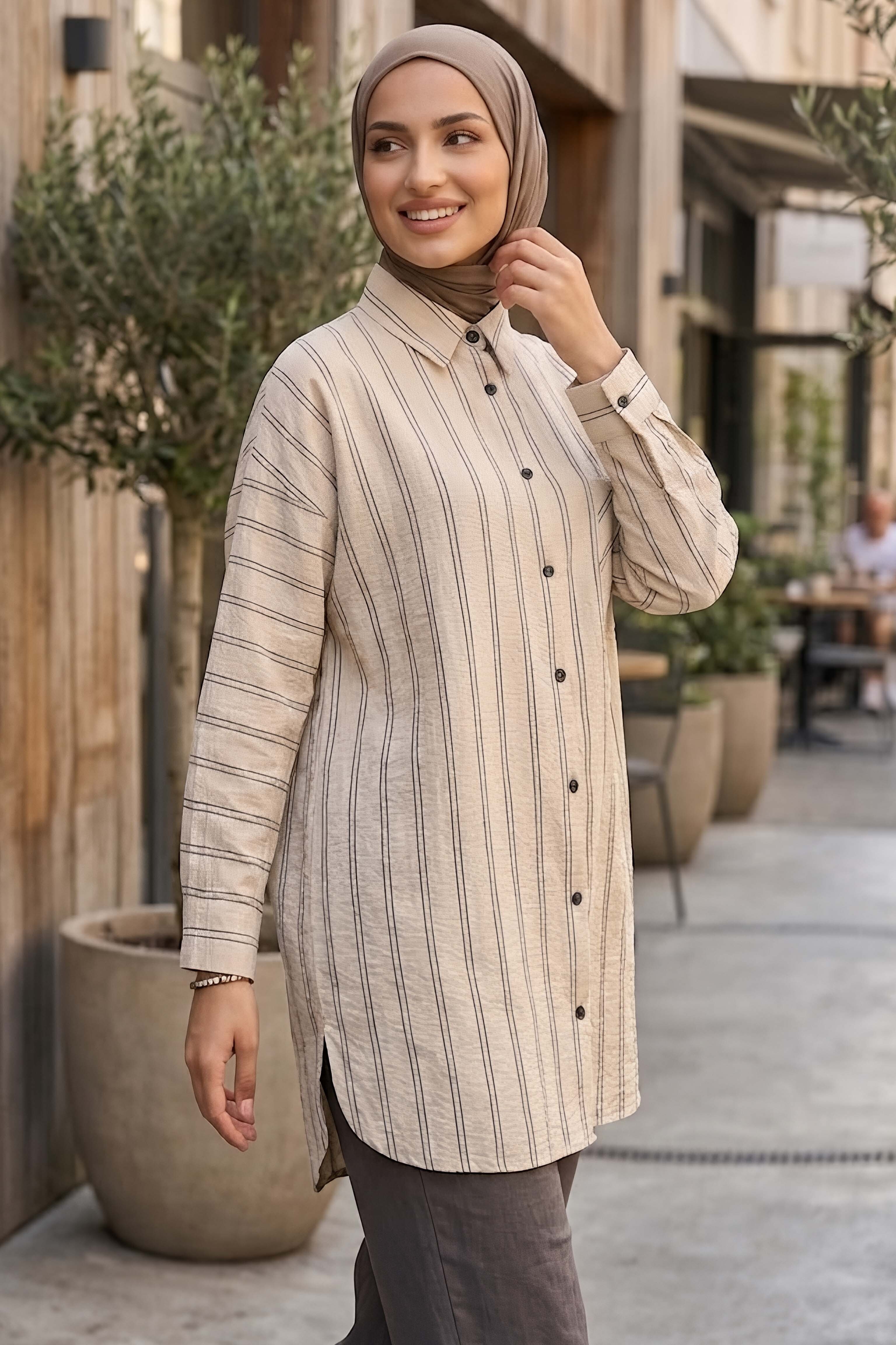 Tek Cepli Çift Çizgili Tunik Bej - 28484-BEJ - 2