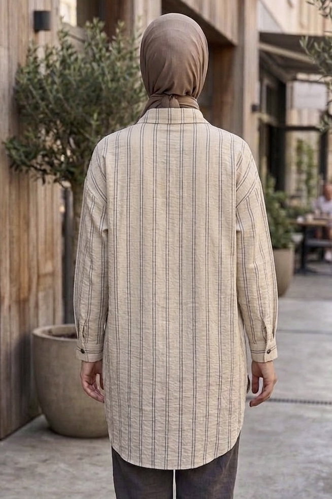 Tek Cepli Çift Çizgili Tunik Bej - 28484-BEJ - 3