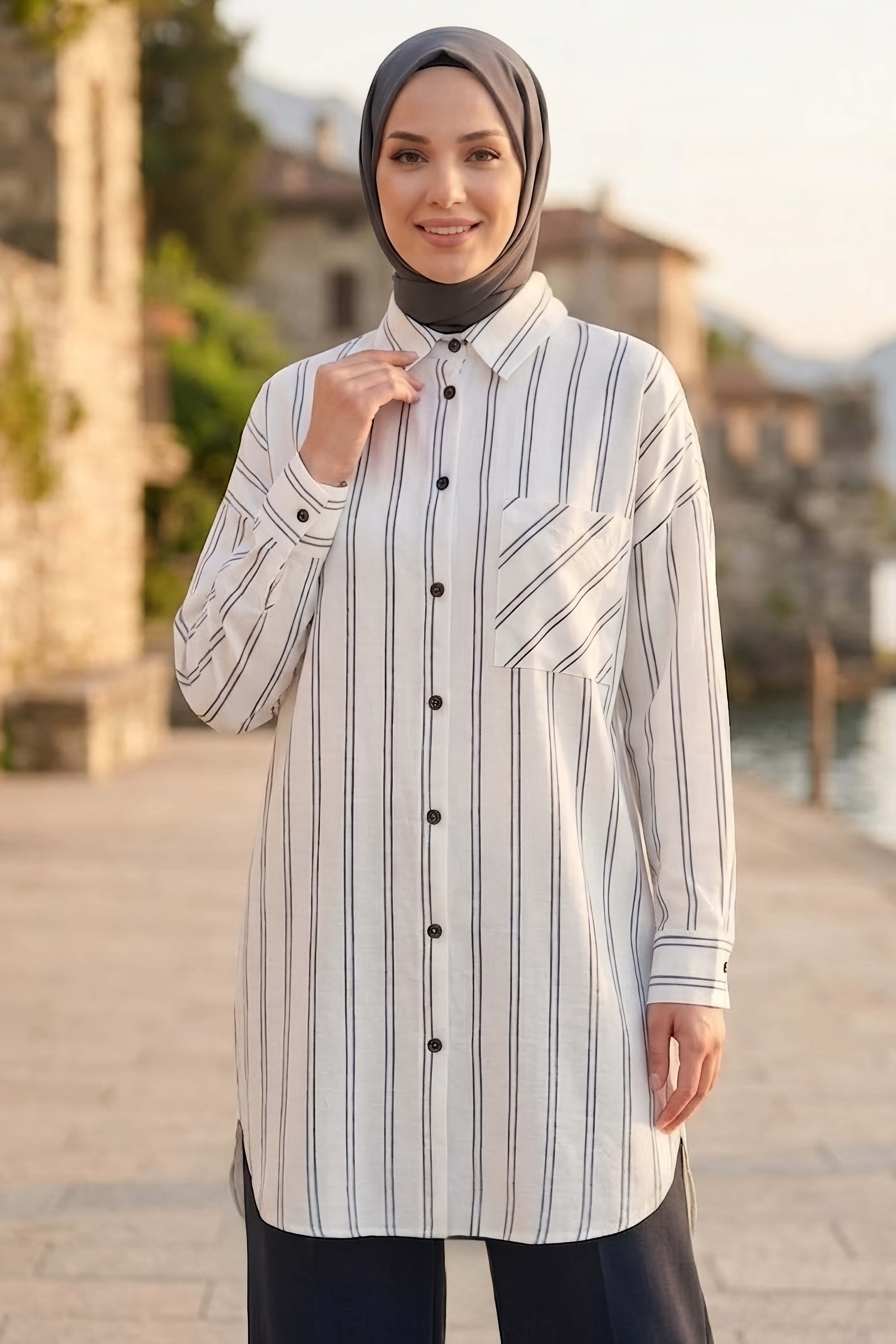 Tek Cepli Çift Çizgili Tunik Beyaz - 28484-BEYAZ - 1