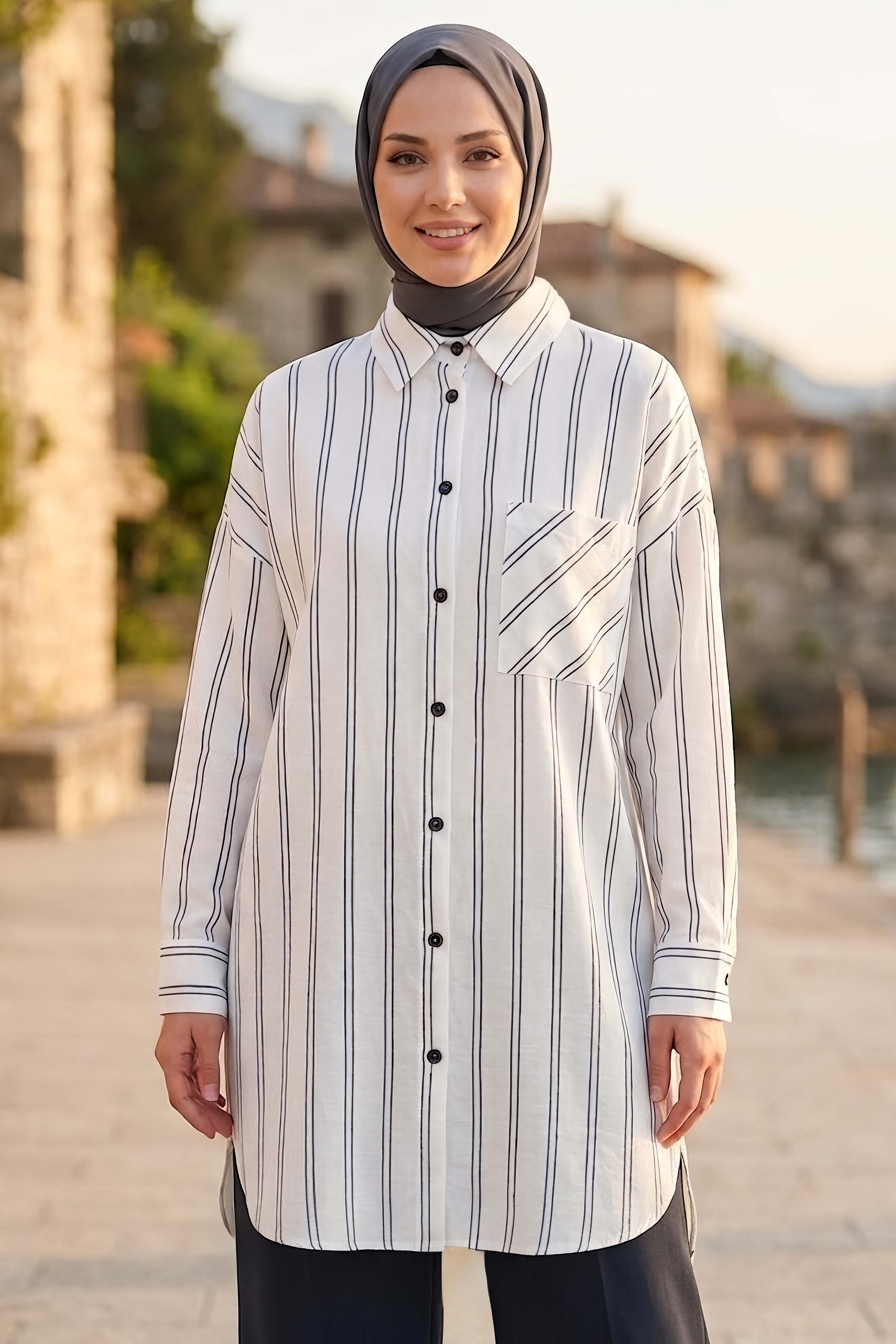 Tek Cepli Çift Çizgili Tunik Beyaz - 28484-BEYAZ - 2