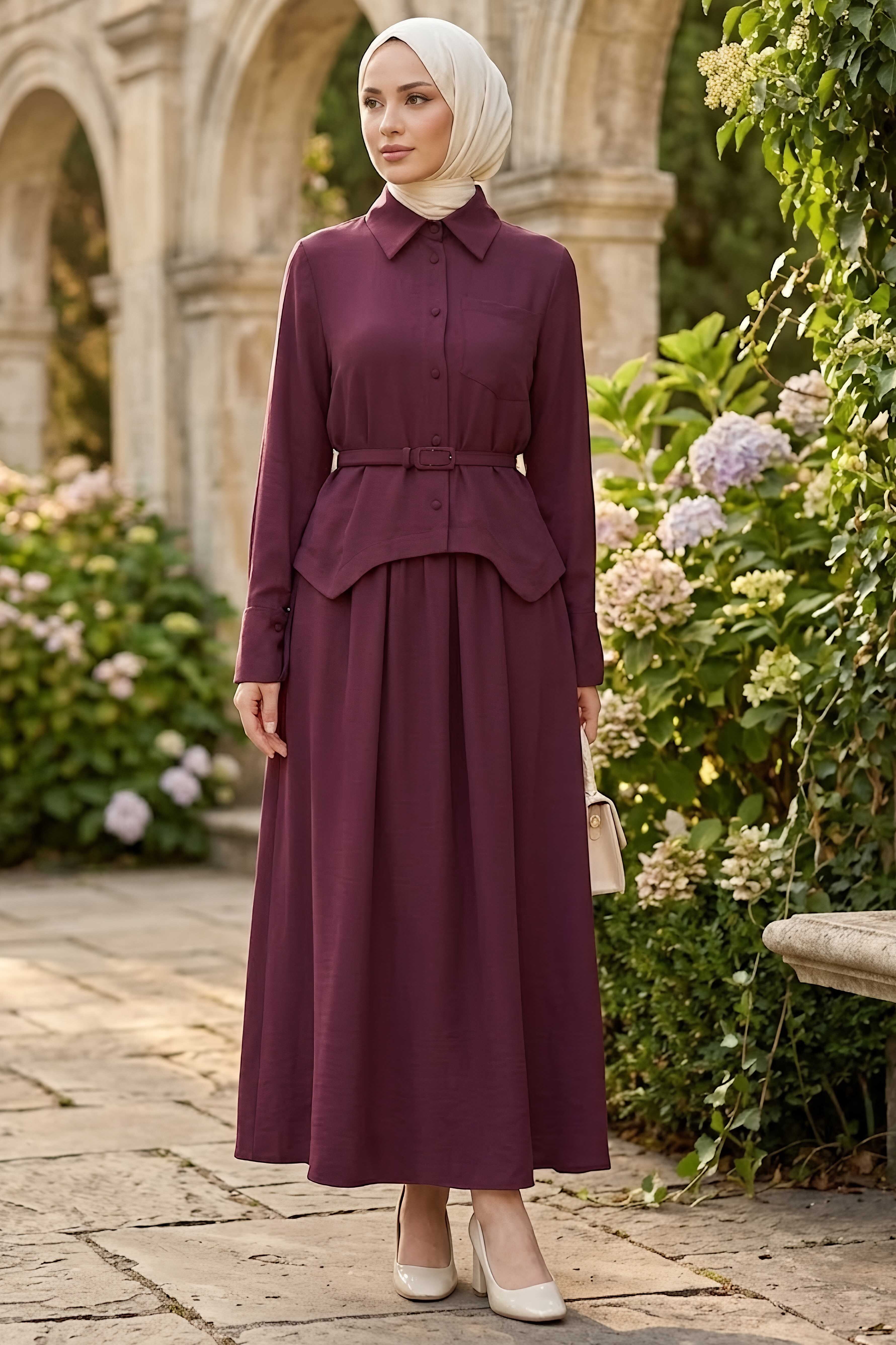 Tek Cepli Kemerli Gabardin İkili Takım Bordo - 28663-BORDO - 1