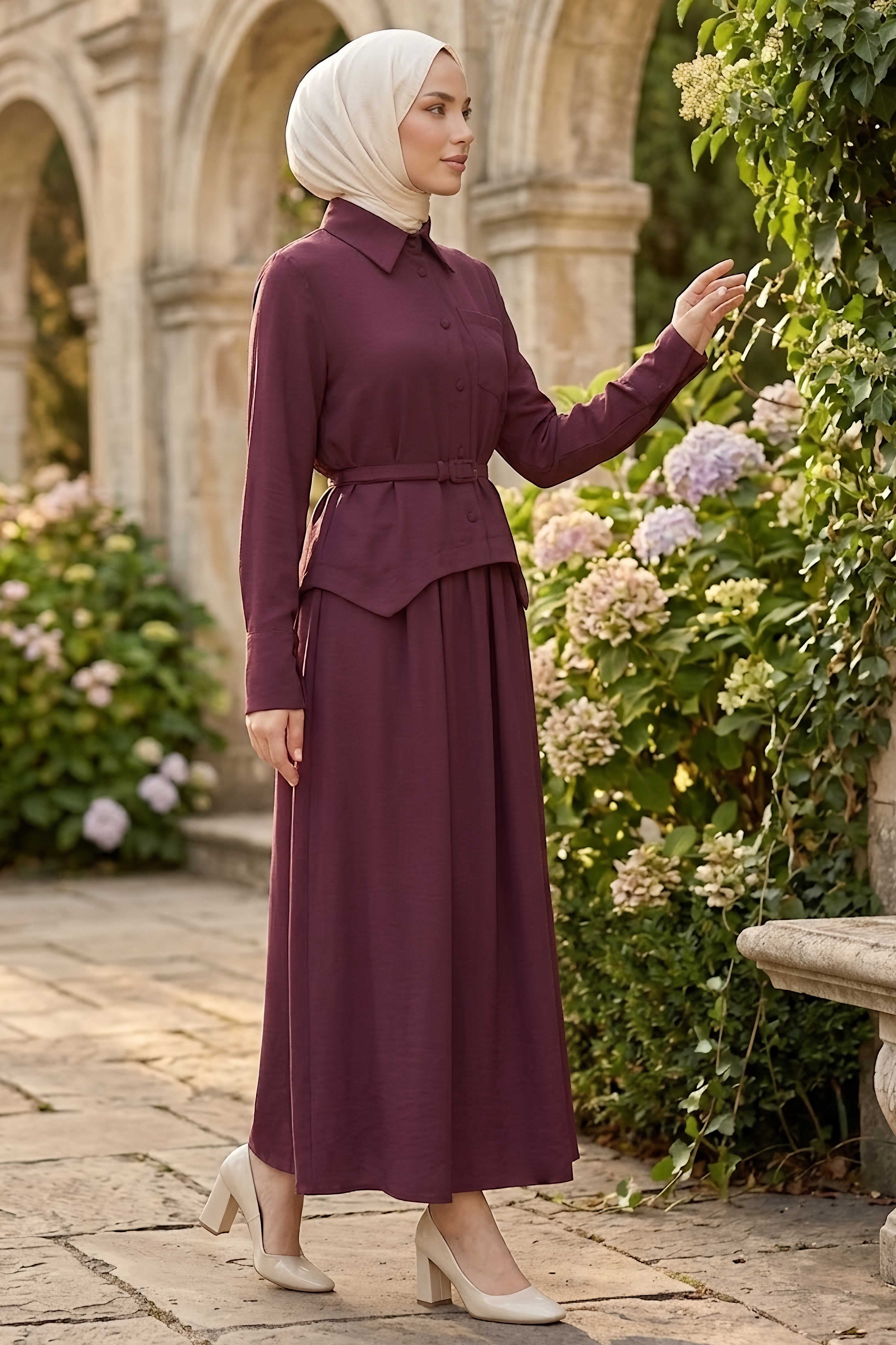 Tek Cepli Kemerli Gabardin İkili Takım Bordo - 28663-BORDO - 2