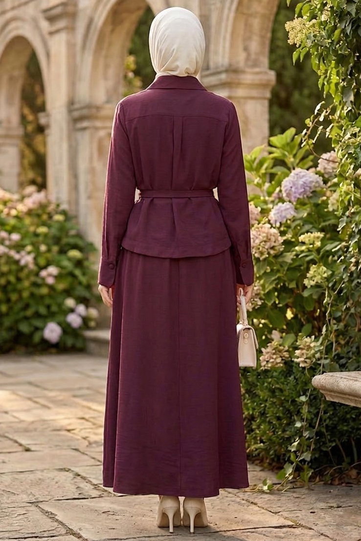 Tek Cepli Kemerli Gabardin İkili Takım Bordo - 28663-BORDO - 3