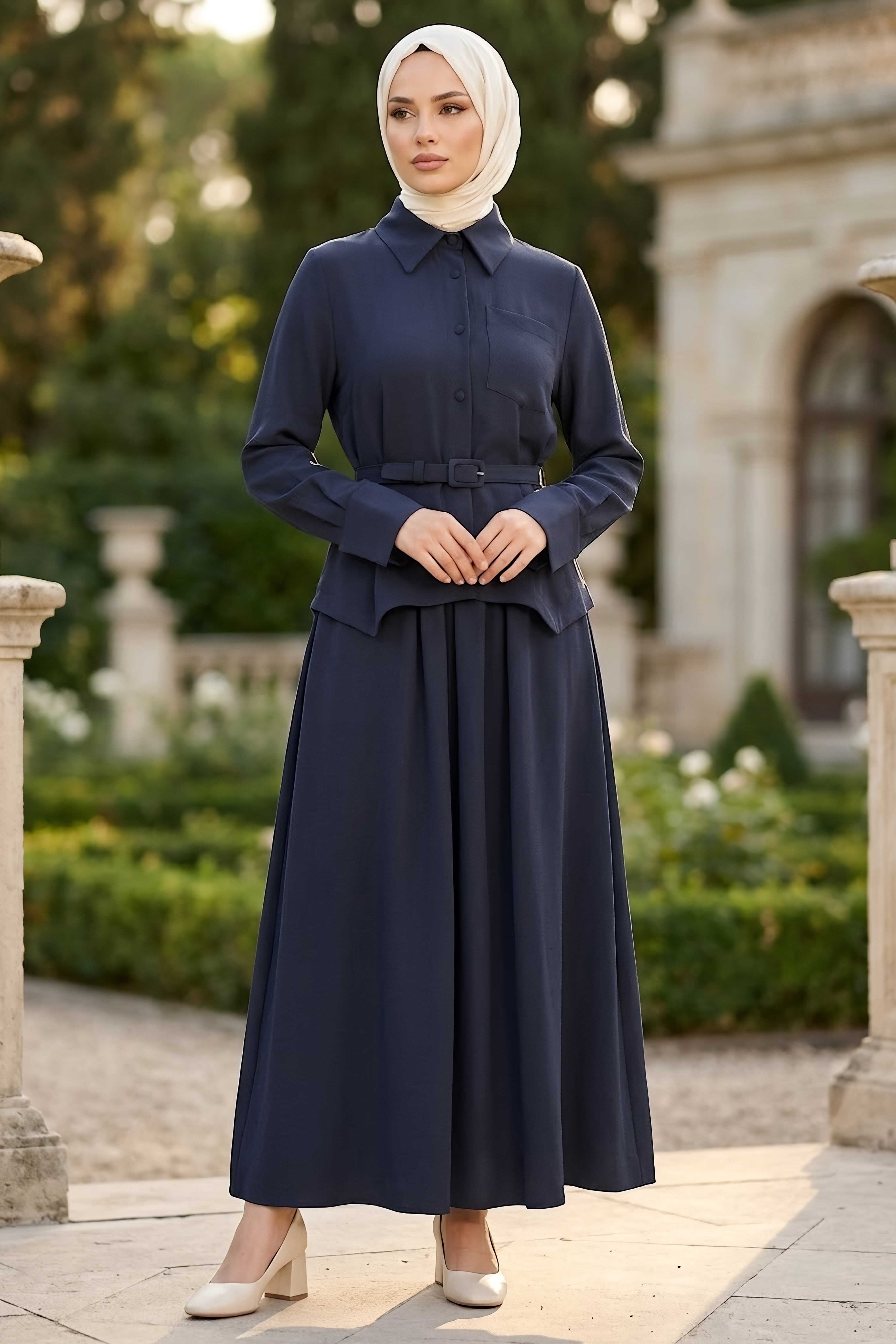 Tek Cepli Kemerli Gabardin İkili Takım Lacivert - 28663-LACIVERT - 1