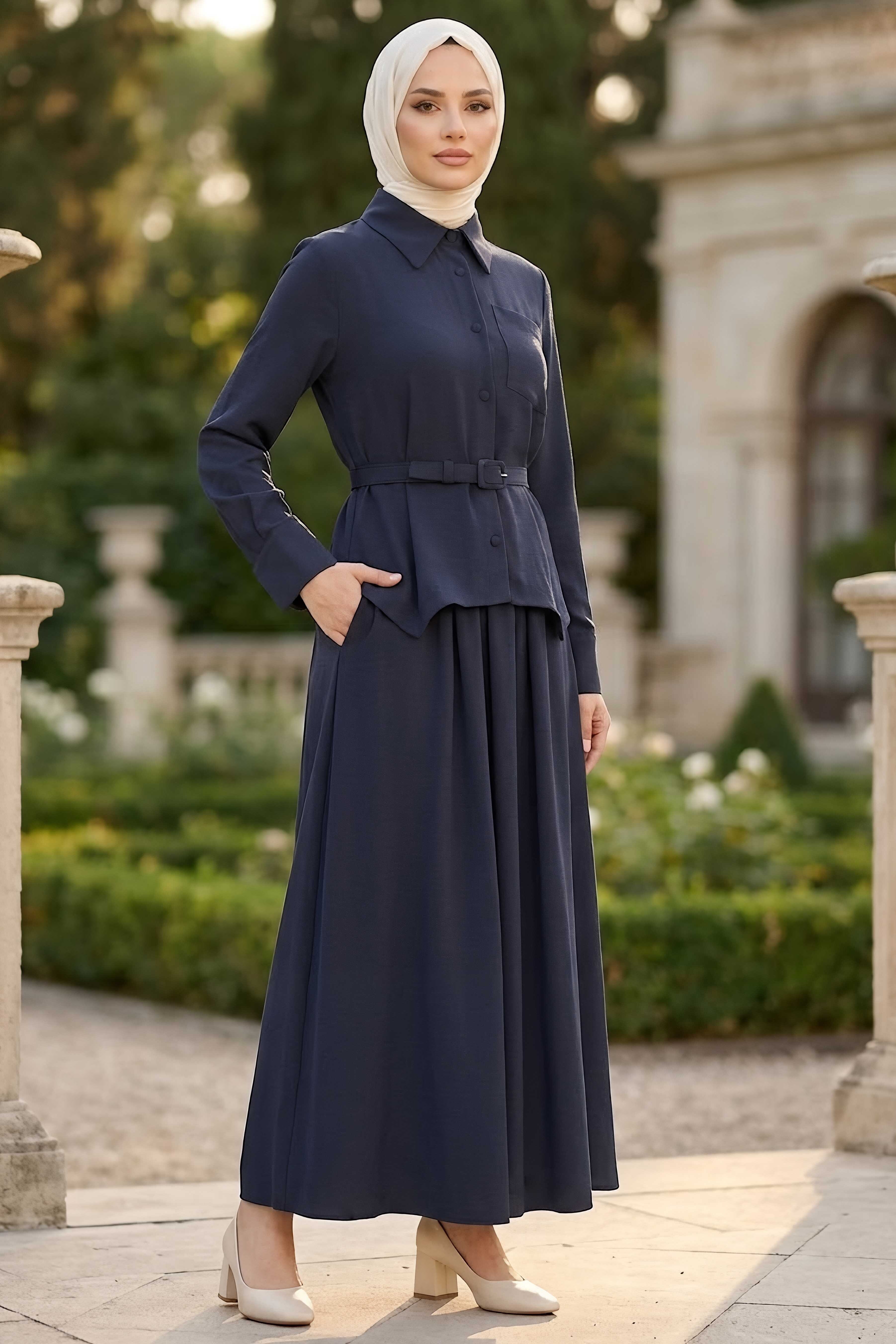 Tek Cepli Kemerli Gabardin İkili Takım Lacivert - 28663-LACIVERT - 2