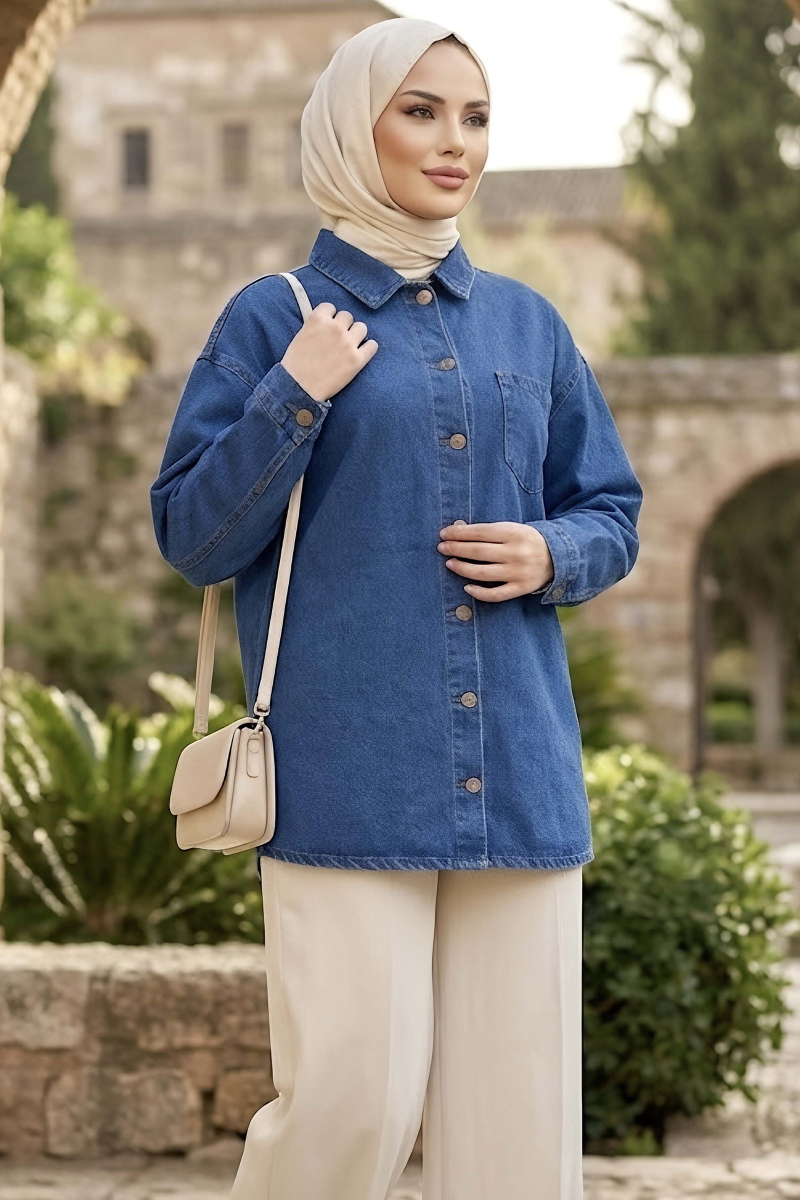 Tek Cepli Uzun Oversize Kot Ceket Mavi - 29029-MAVI - 1