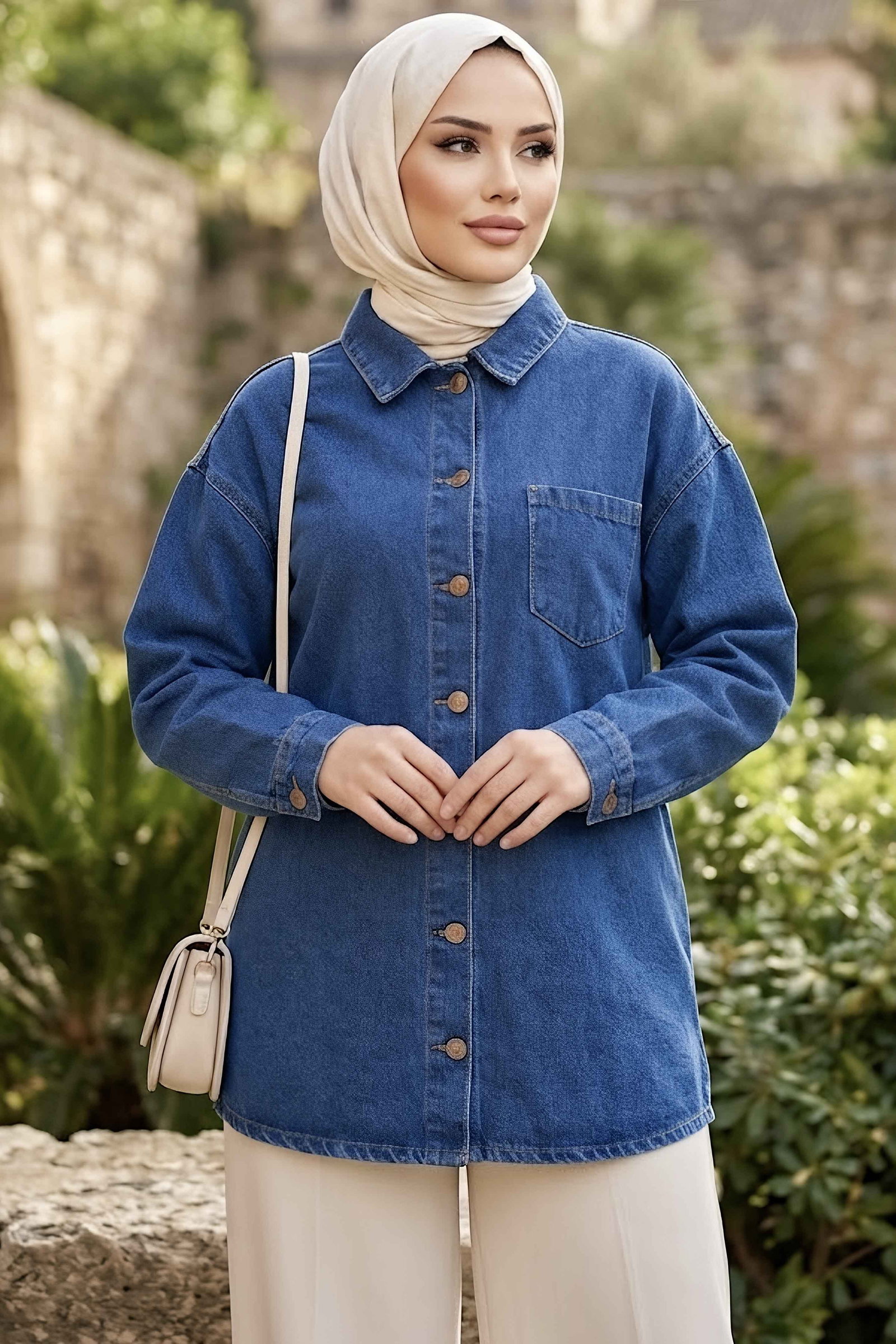 Tek Cepli Uzun Oversize Kot Ceket Mavi - 29029-MAVI - 2