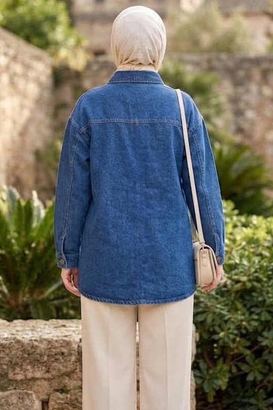 Tek Cepli Uzun Oversize Kot Ceket Mavi - 29029-MAVI - 3
