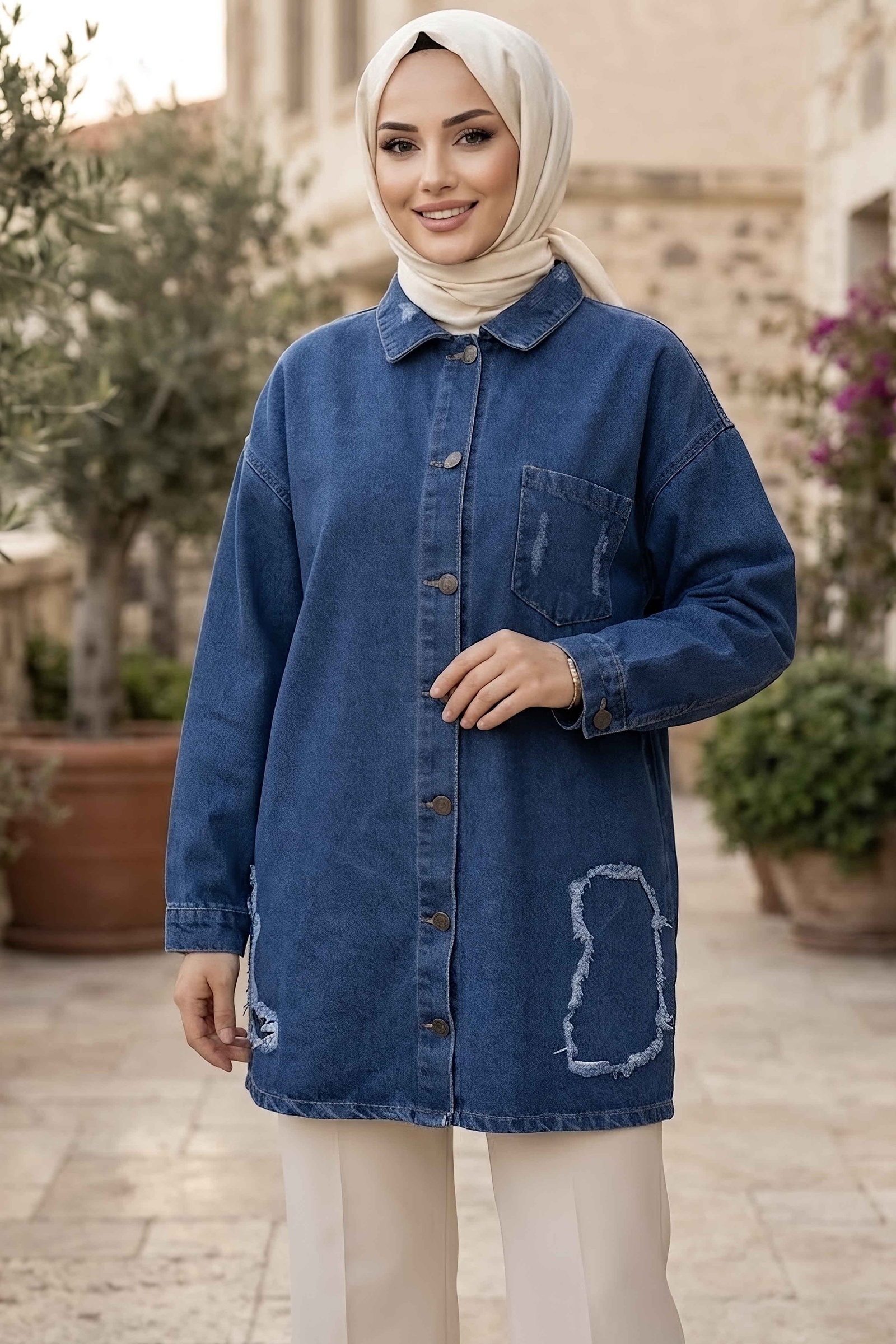 Tek Cepli Yırtık Uzun Oversize Kot Ceket Mavi - 29030-MAVI - 1