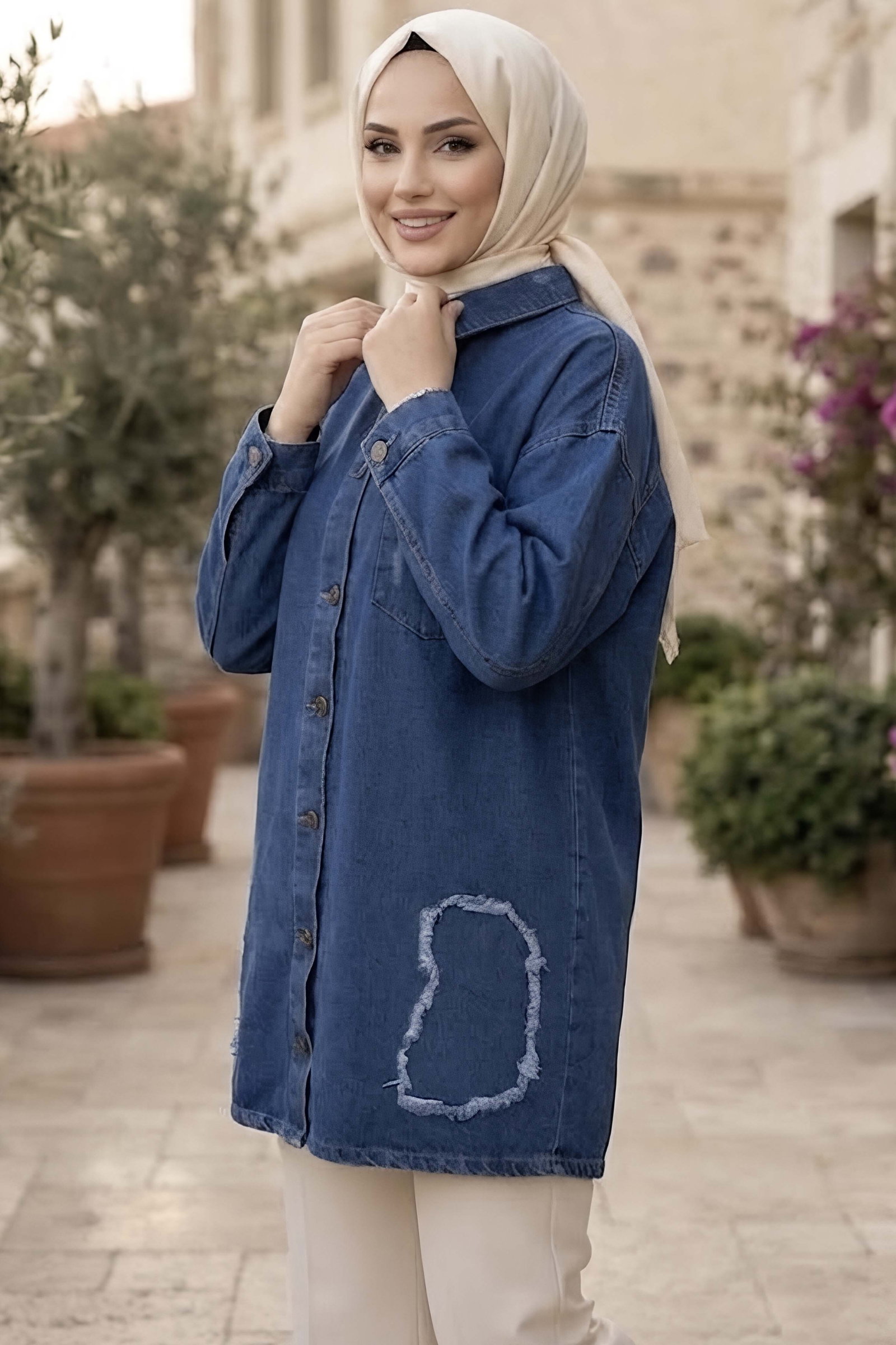 Tek Cepli Yırtık Uzun Oversize Kot Ceket Mavi - 29030-MAVI - 2