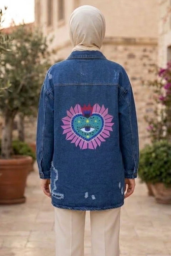 Tek Cepli Yırtık Uzun Oversize Kot Ceket Mavi - 29030-MAVI - 3