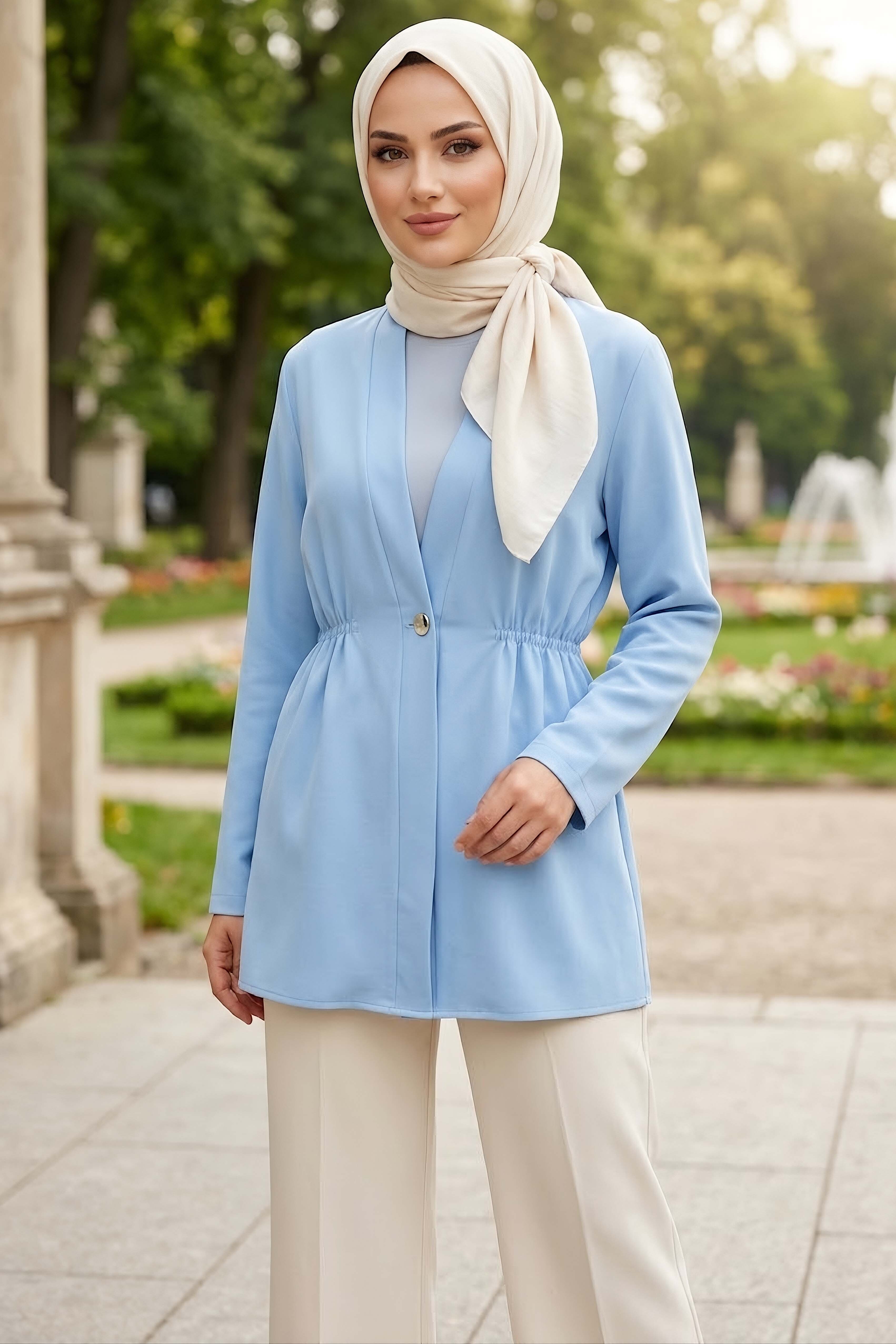Tek Düğmeli Beli Lastikli Ceket Bebe Mavi - 28767-BEBE-MAVI - 1