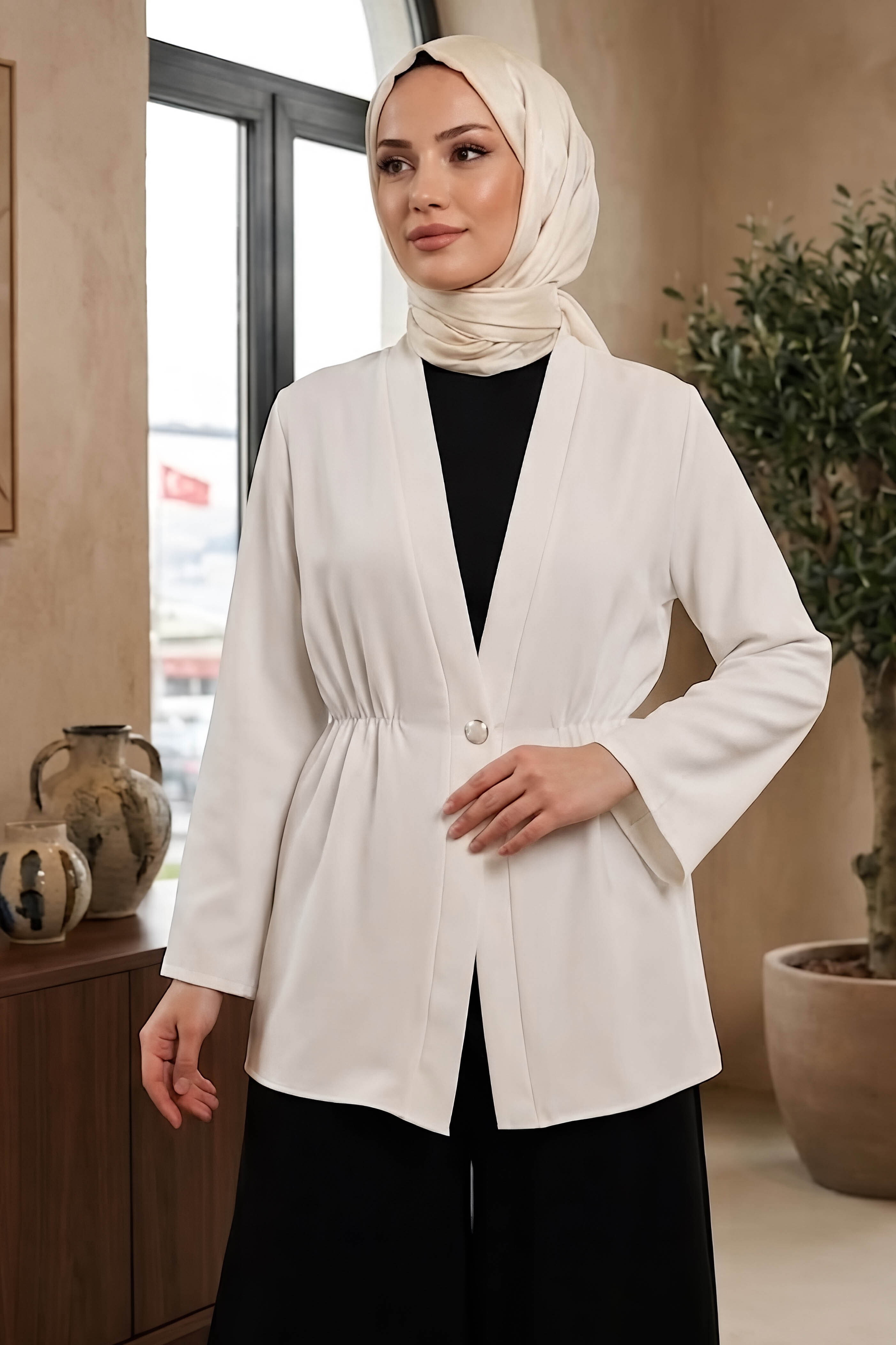 Tek Düğmeli Beli Lastikli Ceket Beyaz - 28767-BEYAZ - 1