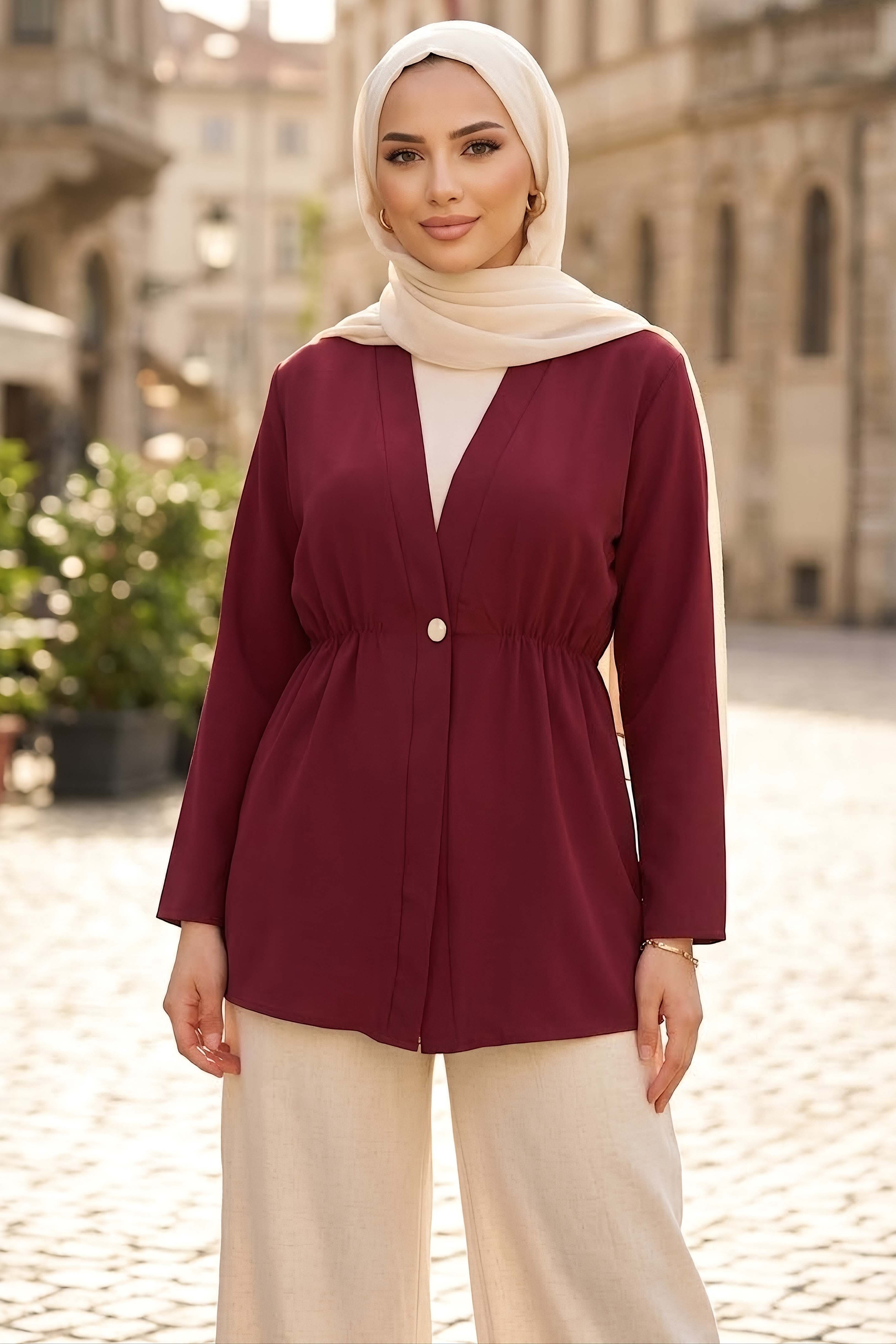 Tek Düğmeli Beli Lastikli Ceket Bordo - 28767-BORDO - 1