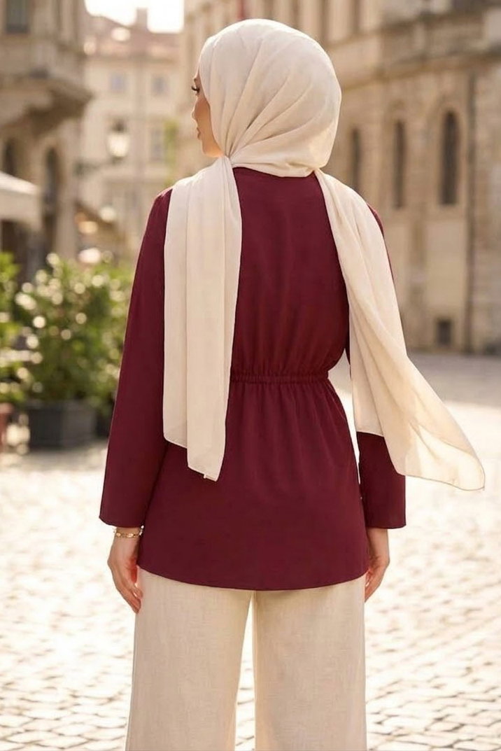 Tek Düğmeli Beli Lastikli Ceket Bordo - 28767-BORDO - 3