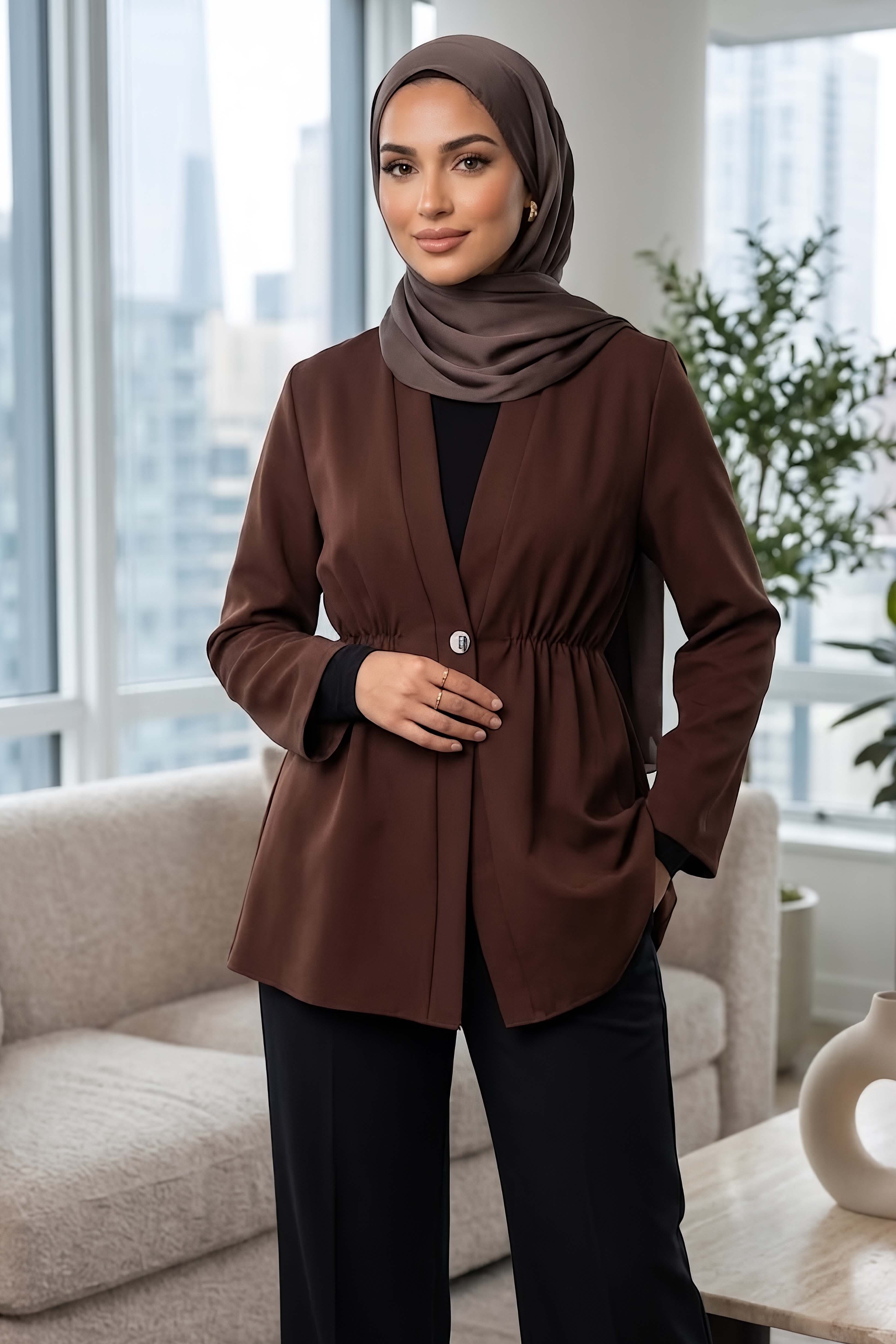 Tek Düğmeli Beli Lastikli Ceket Kahve - 28767-KAHVE - 1