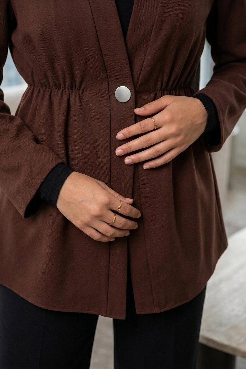 Tek Düğmeli Beli Lastikli Ceket Kahve - 28767-KAHVE - 2