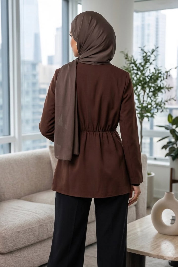 Tek Düğmeli Beli Lastikli Ceket Kahve - 28767-KAHVE - 3