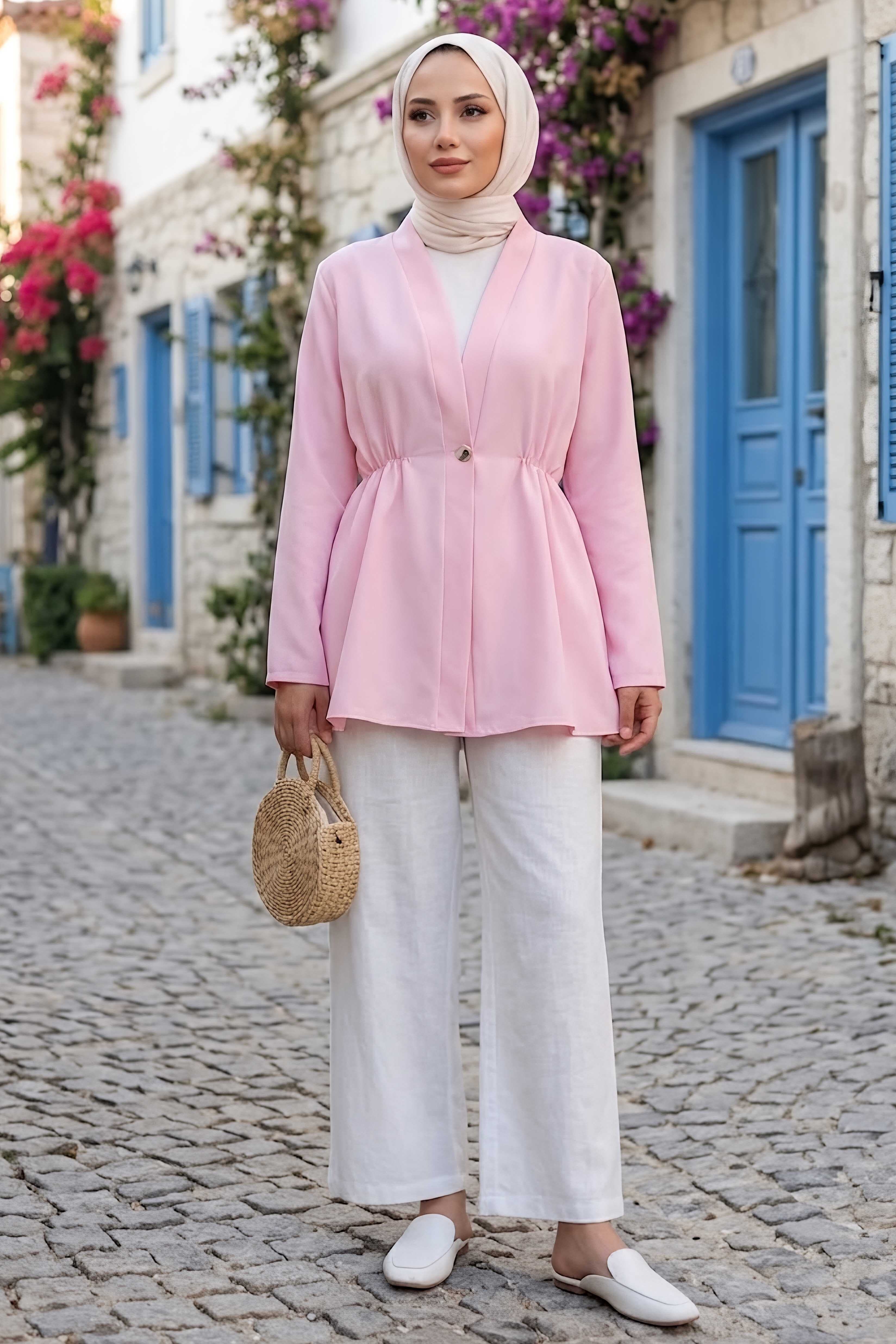Tek Düğmeli Beli Lastikli Ceket Pembe - 28767-PEMBE - 1