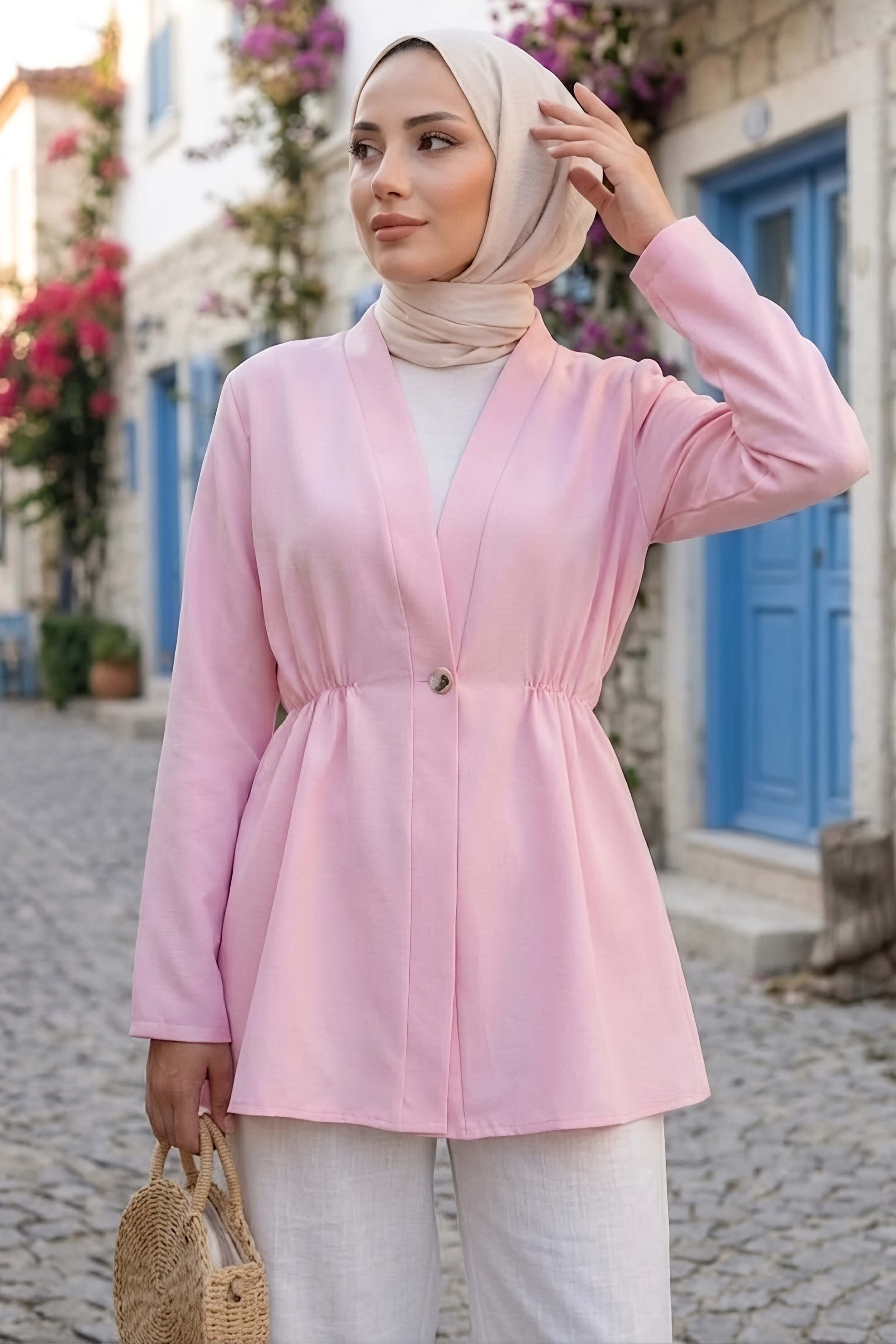 Tek Düğmeli Beli Lastikli Ceket Pembe - 28767-PEMBE - 2