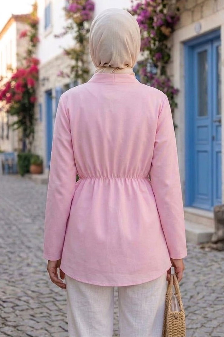 Tek Düğmeli Beli Lastikli Ceket Pembe - 28767-PEMBE - 3