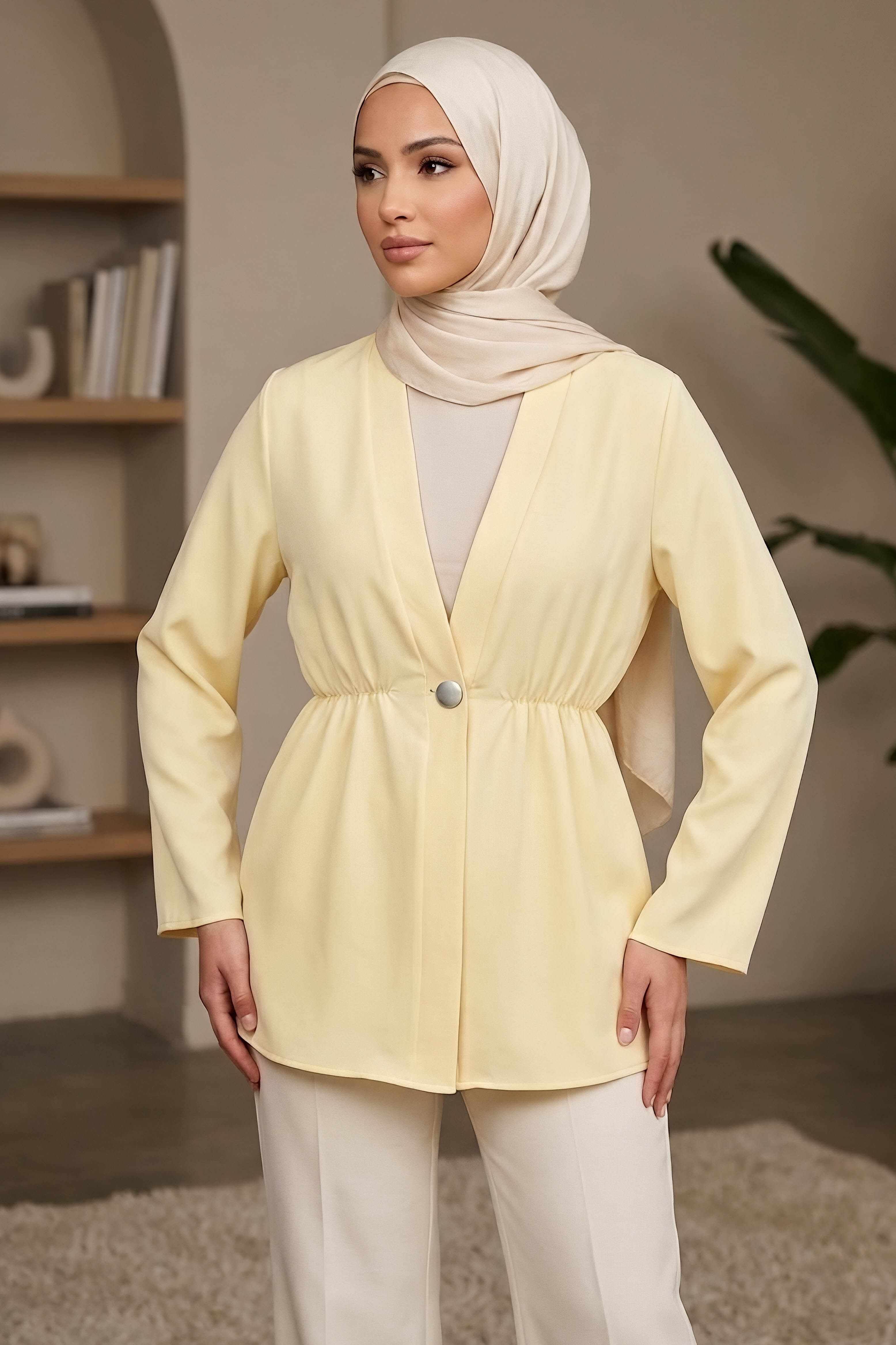 Tek Düğmeli Beli Lastikli Ceket Sari - 28767-SARI - 1