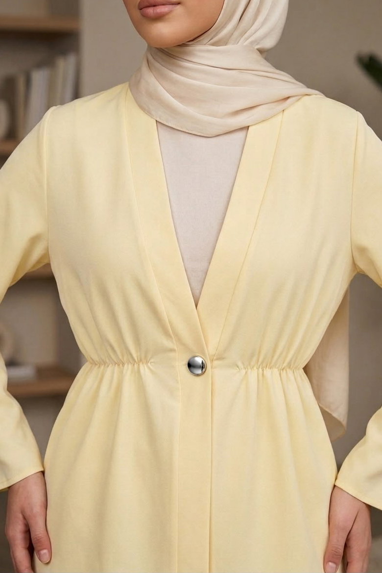Tek Düğmeli Beli Lastikli Ceket Sari - 28767-SARI - 2