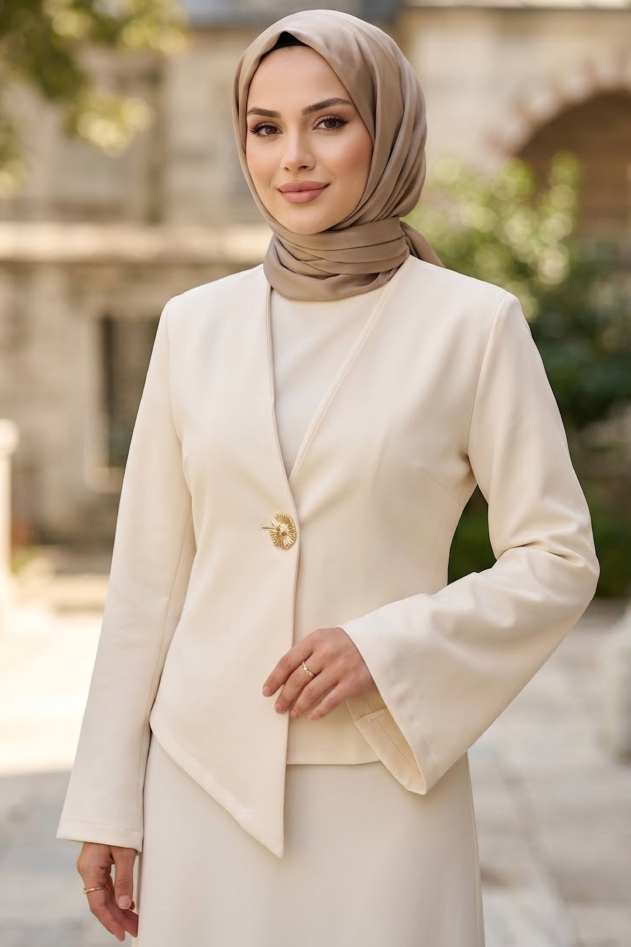 Tek Düğmeli Dabıl Ceket Krem - 28898-KREM - 1