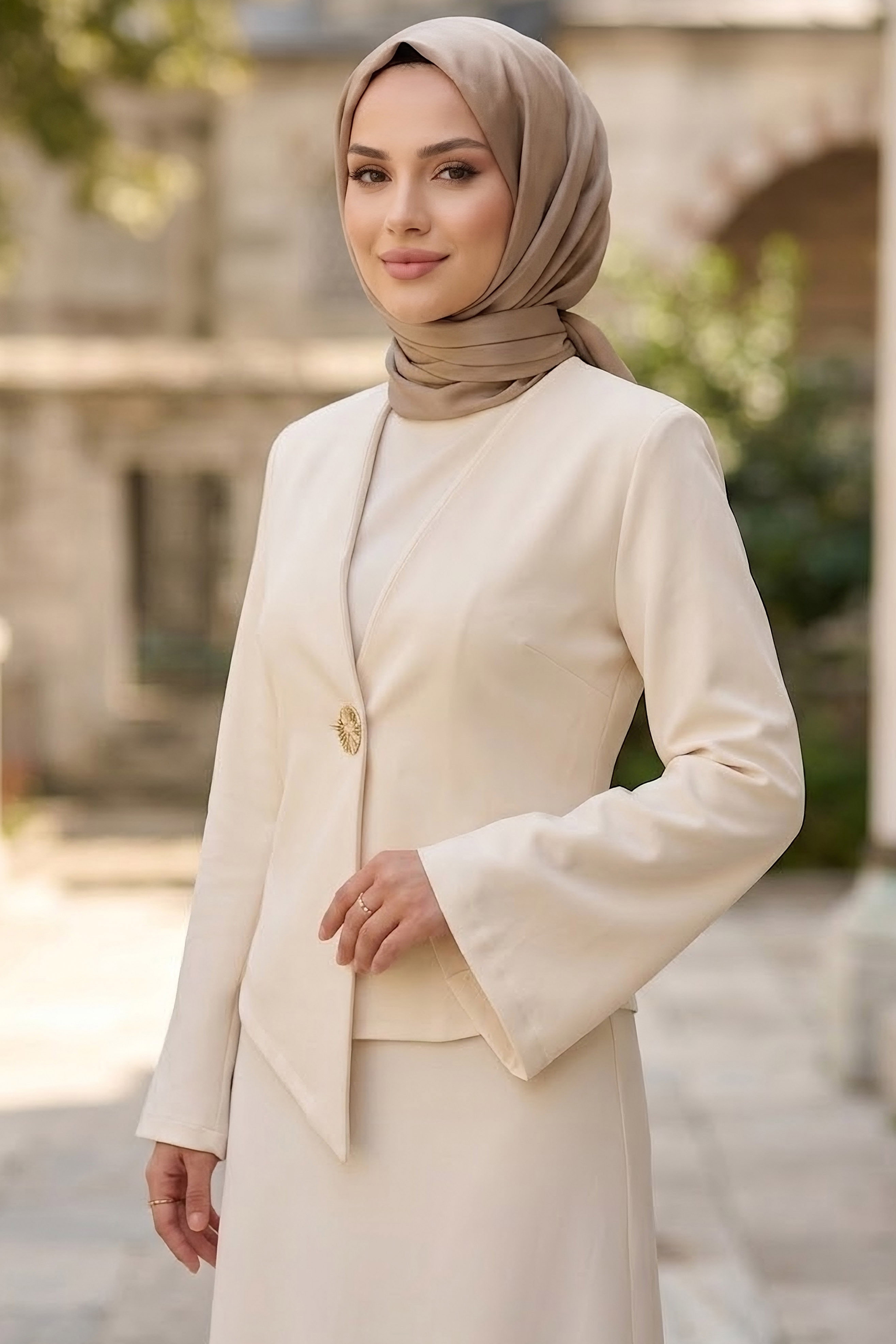 Tek Düğmeli Dabıl Ceket Krem - 28898-KREM - 2
