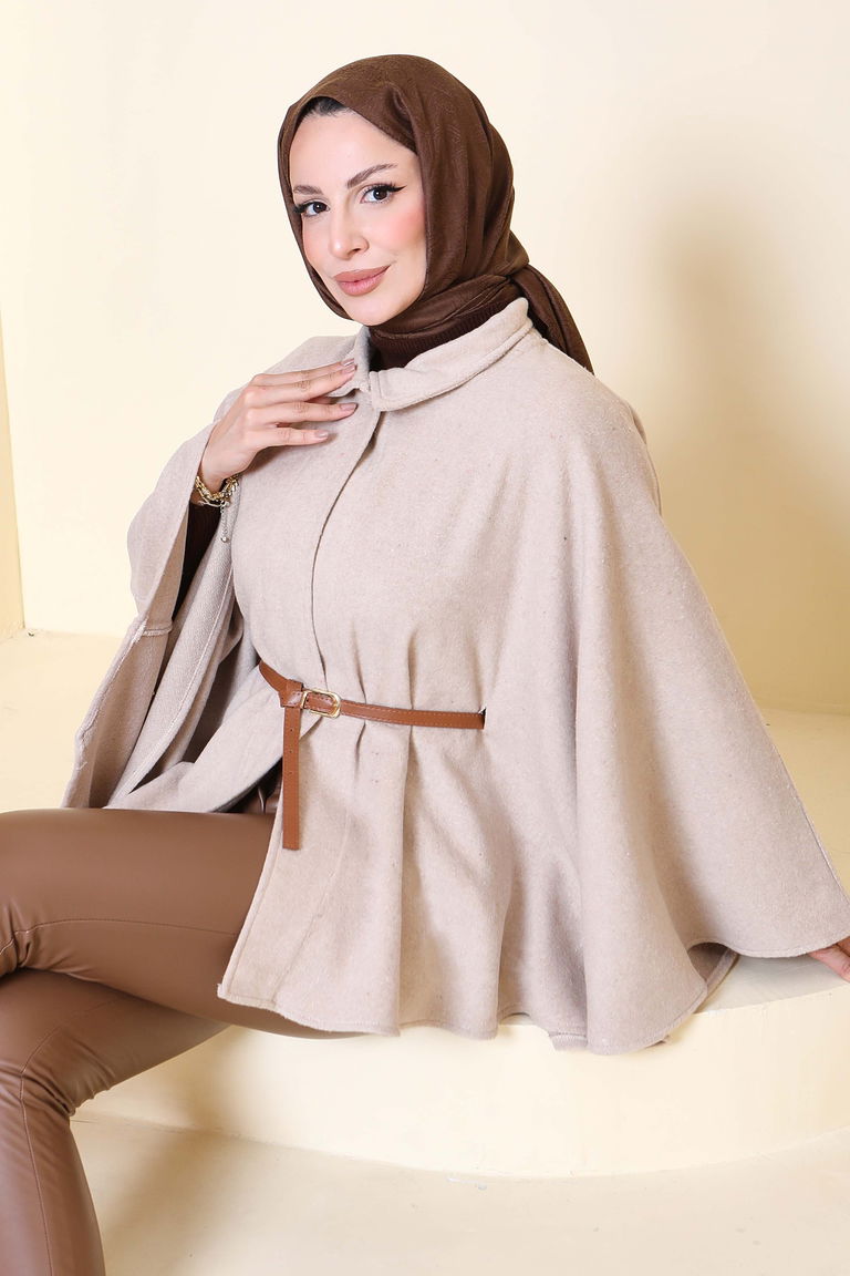 Tek Düğmeli Kemerli Kaşe Panço - 27918-BEJ - TOFİSA