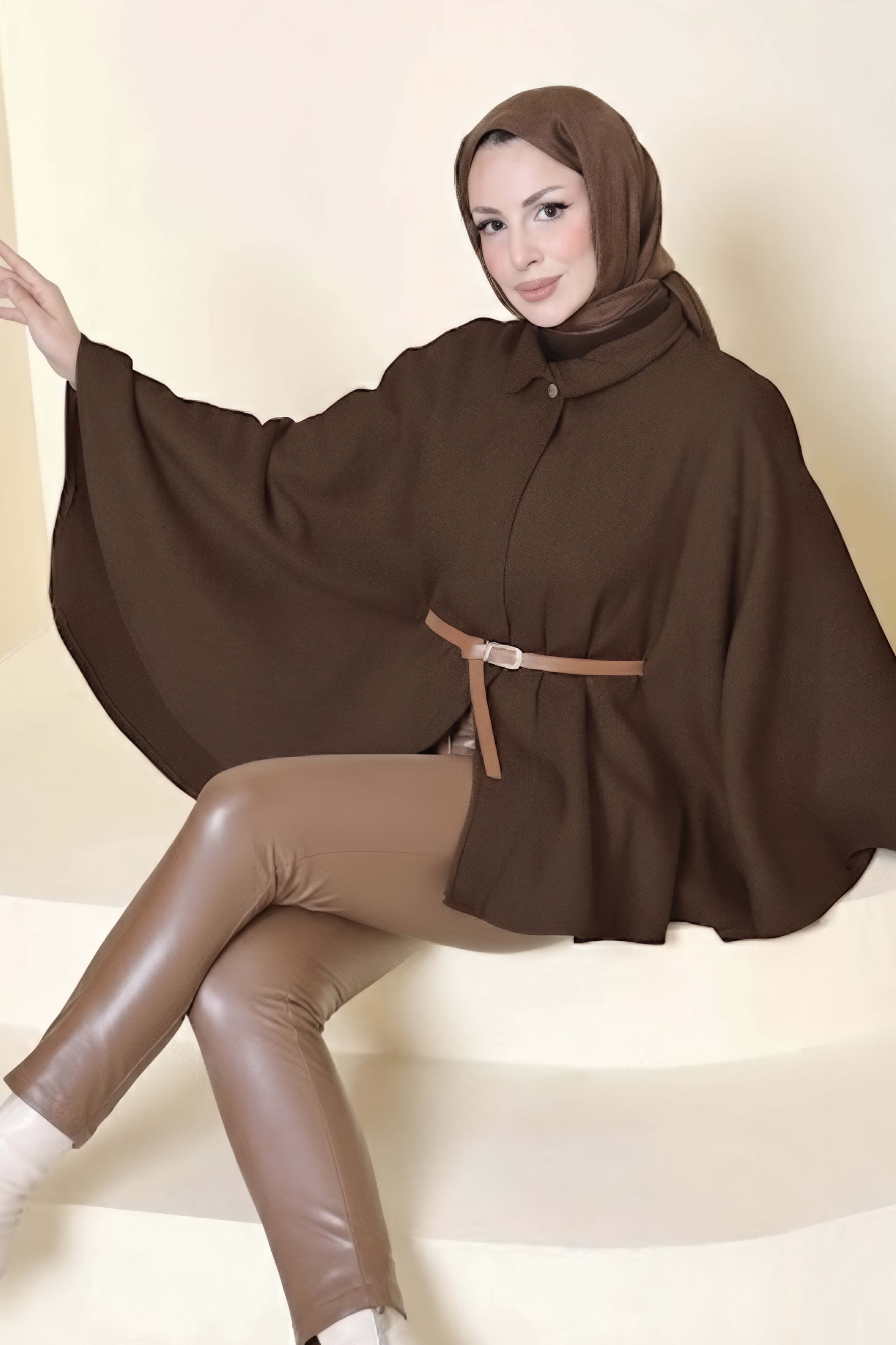 Tek Düğmeli Kemerli Kaşe Panço - 27918-KAHVE - 1