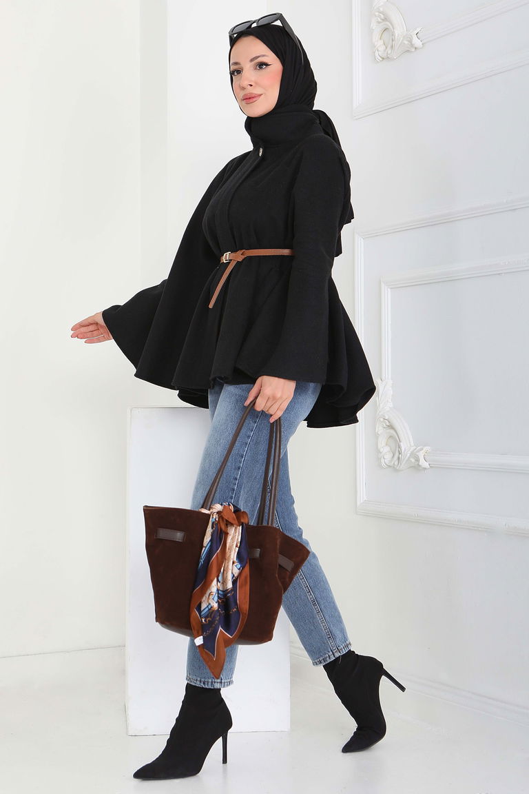 Tek Düğmeli Kemerli Kaşe Panço - 27918-SIYAH - TOFİSA