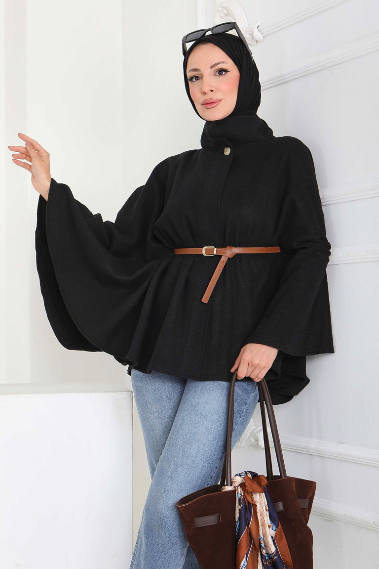 Tek Düğmeli Kemerli Kaşe Panço - 27918-SIYAH - TOFİSA