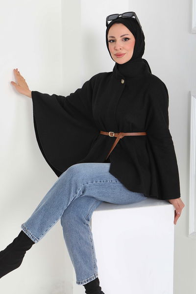 Tek Düğmeli Kemerli Kaşe Panço - 27918-SIYAH 