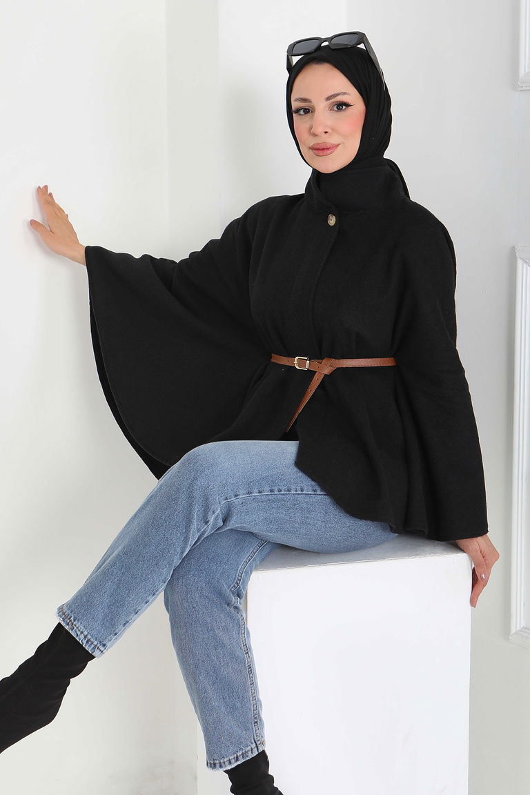 Tek Düğmeli Kemerli Kaşe Panço - 27918-SIYAH - TOFİSA