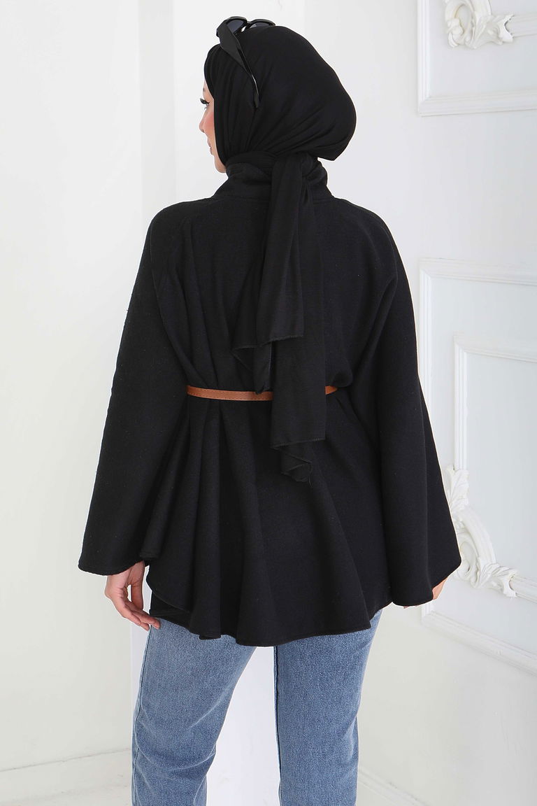 Tek Düğmeli Kemerli Kaşe Panço - 27918-SIYAH - TOFİSA