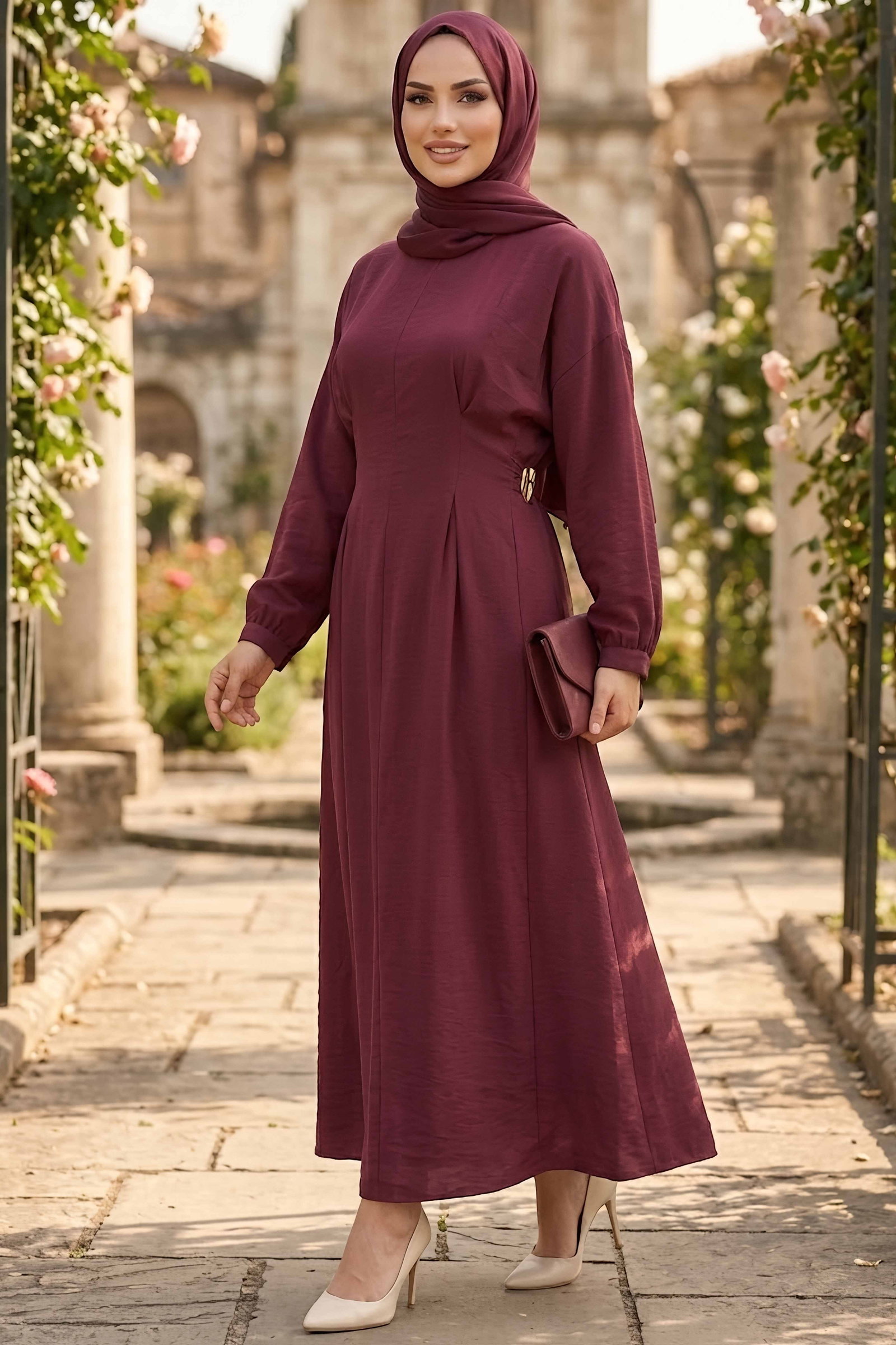 Tok Detaylı Kupra Elbise Bordo - 28977-BORDO - 1