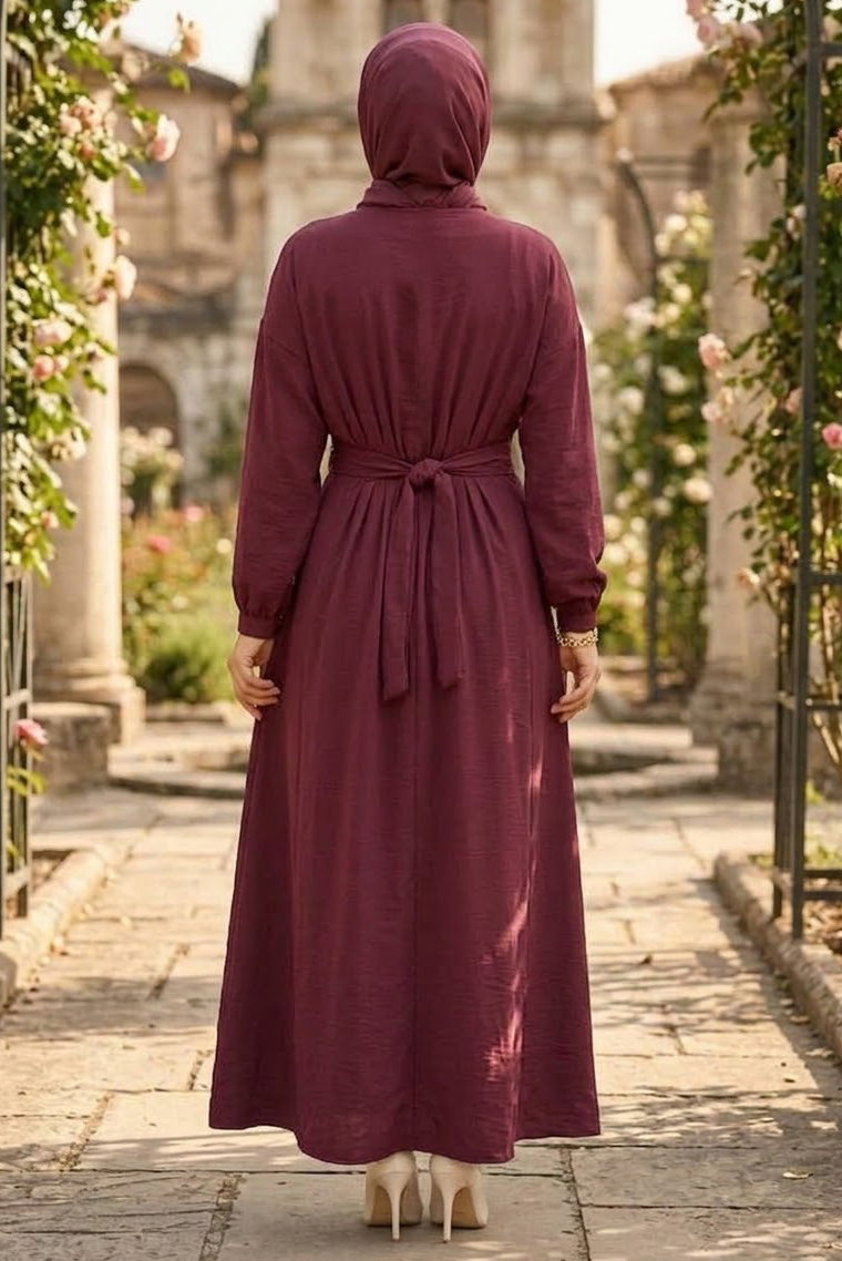Tok Detaylı Kupra Elbise Bordo - 28977-BORDO - 2