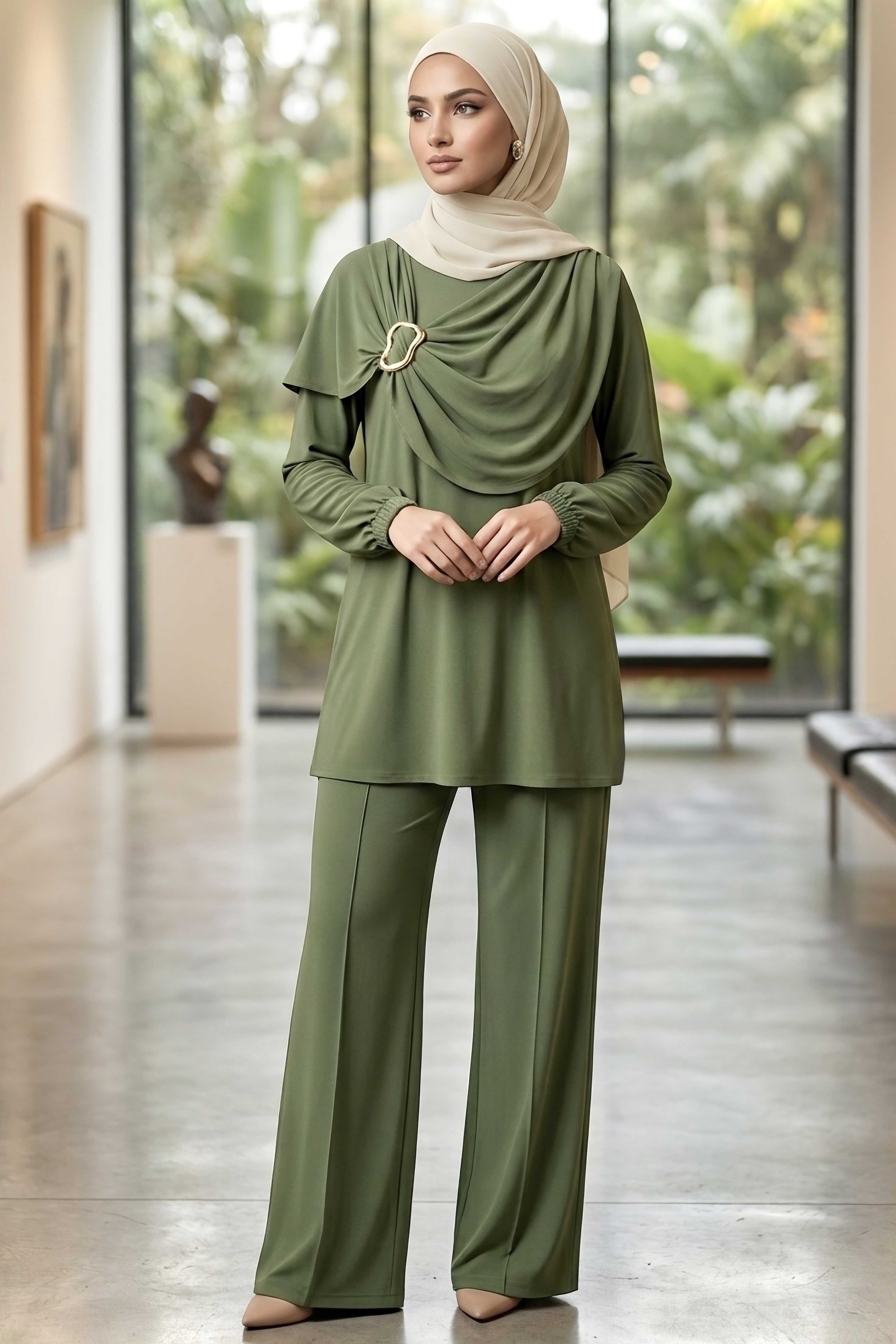 Toka Detaylı Dokuma Viskon İkili Takım - 2093-HAKI - 1