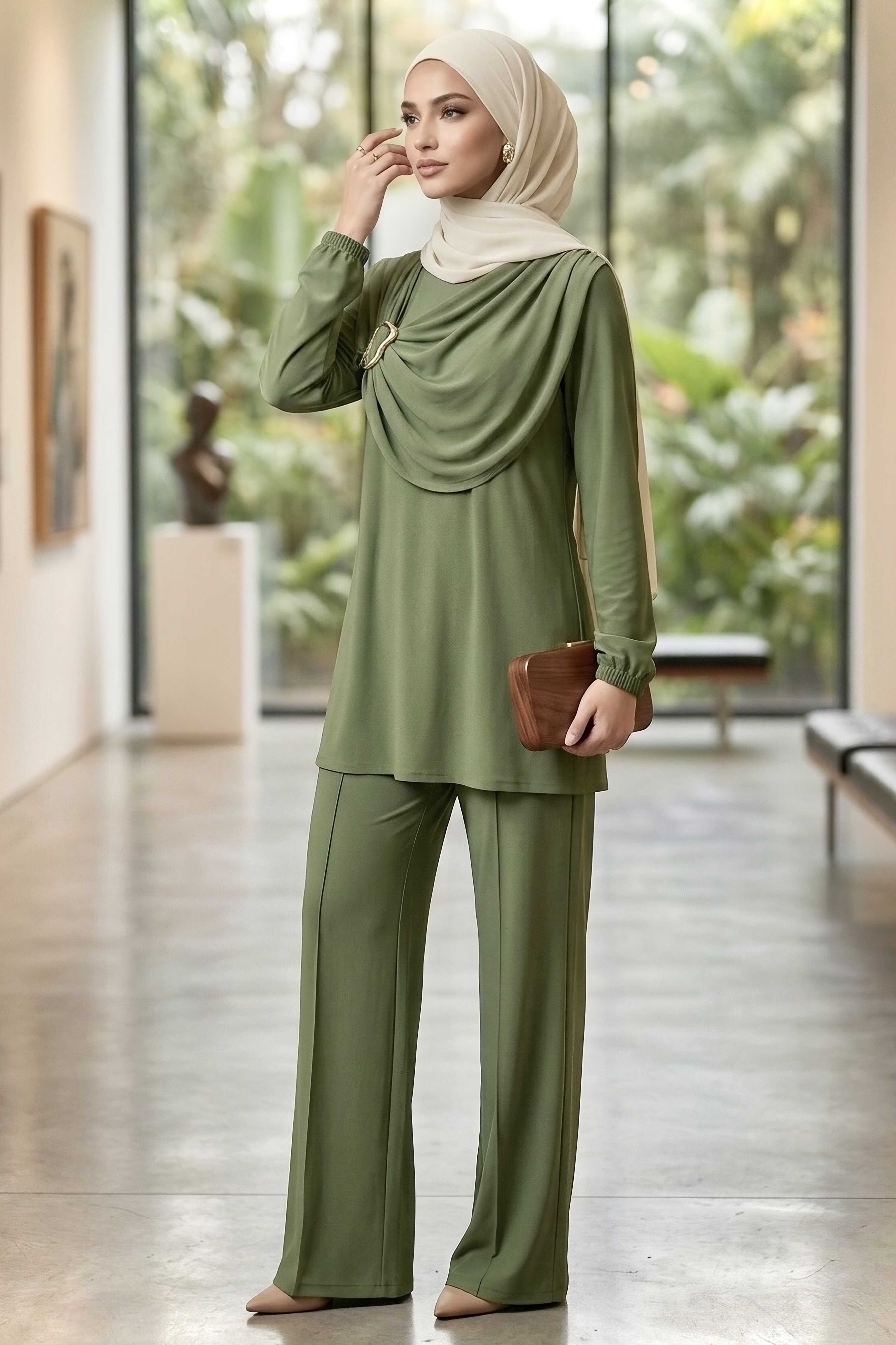 Toka Detaylı Dokuma Viskon İkili Takım - 2093-HAKI - 2